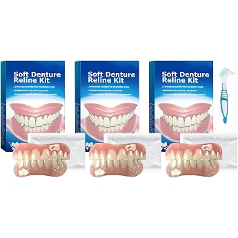 3 Sets of Clip-On Dentures Make Yourself Comfortable to Wear Silicone Denture Kit for Parties Weddings Performances with 1 Blue Toothbrush
