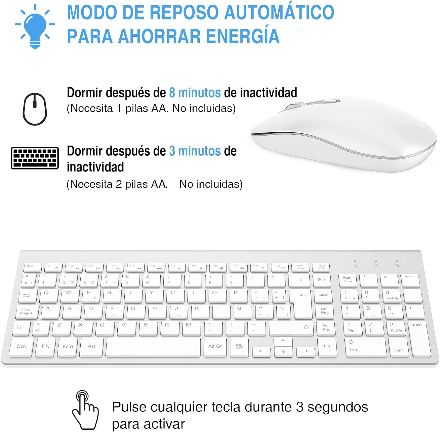 cimetech Combo Teclado y Ratón Inalambrico, 2.4G Teclado Raton Inalambrico Español 2 en 1 USB Ultra Delgado Silencioso Mouse, para PC/Laptops/Ordenador/Escritorio (Blanco y Plata)