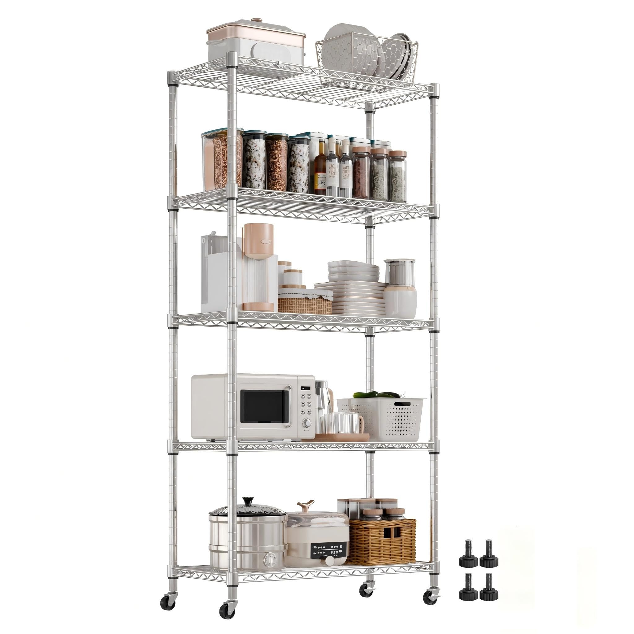 Mondeer Metal Shelving Unit with 4 Wheels and 4 Feet, 5 Tiers W90 x H180cm