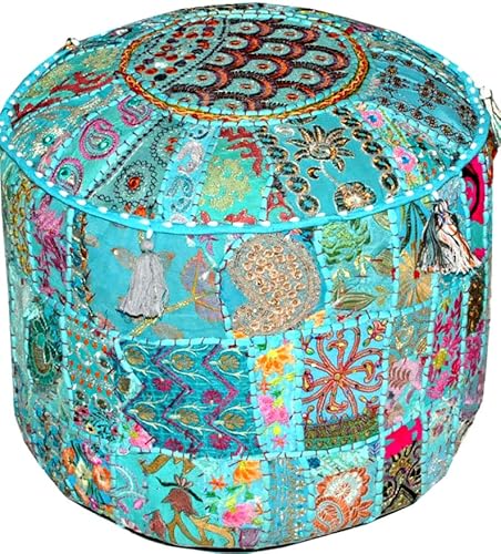 Healing Crystals India Colorful Cotton Ottoman Cover - Embroidered Footstool, Storage Box, Pouffes For Living Room - Embellished Vintage Patchwork Ottoman For Bedroom Storage (Turquoise 18x14 Inches)