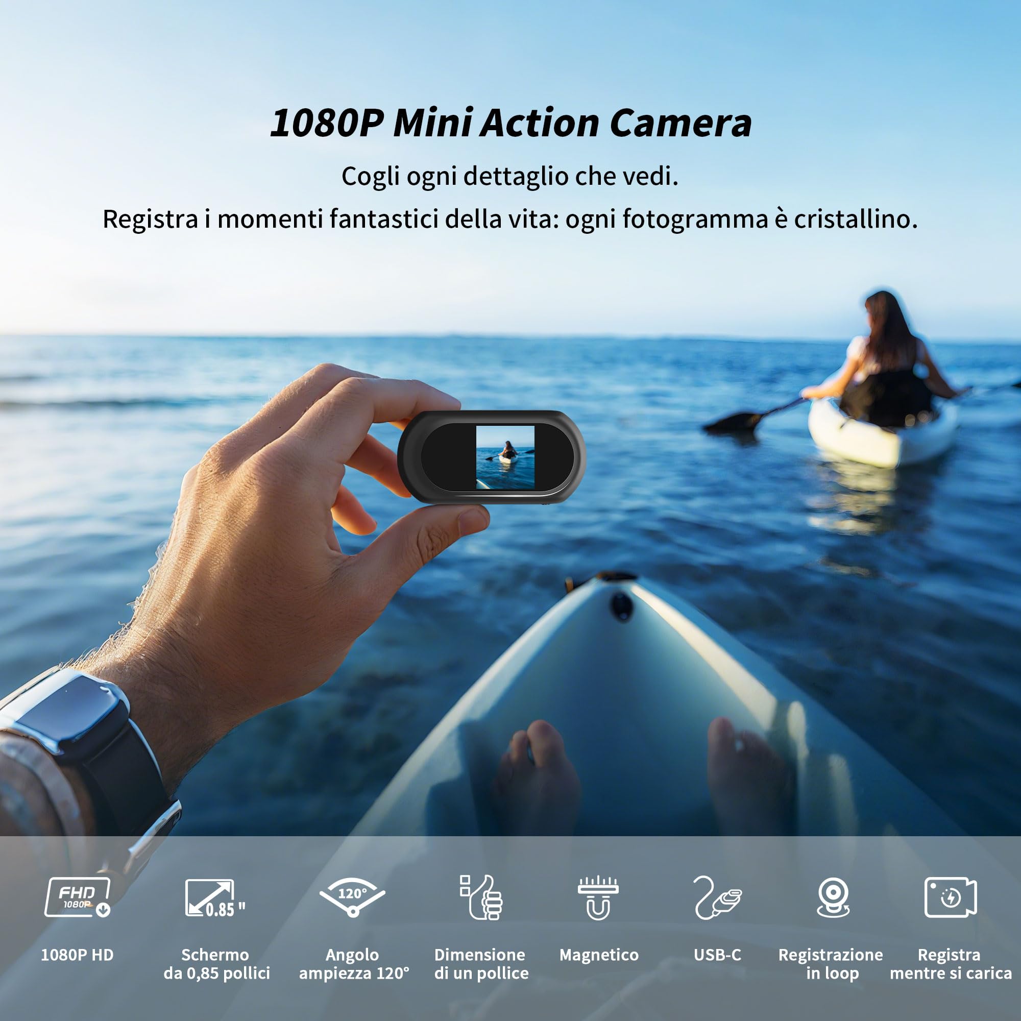 Action Cam 1080P, Body Cam con Schermo da 0,85 Pollici, Action Cam Moto con Grandangolo 120°, Videocamera Magnetica, Telecamera Sportiva per Casco, Multifunzione Fotocamera, POV Camera