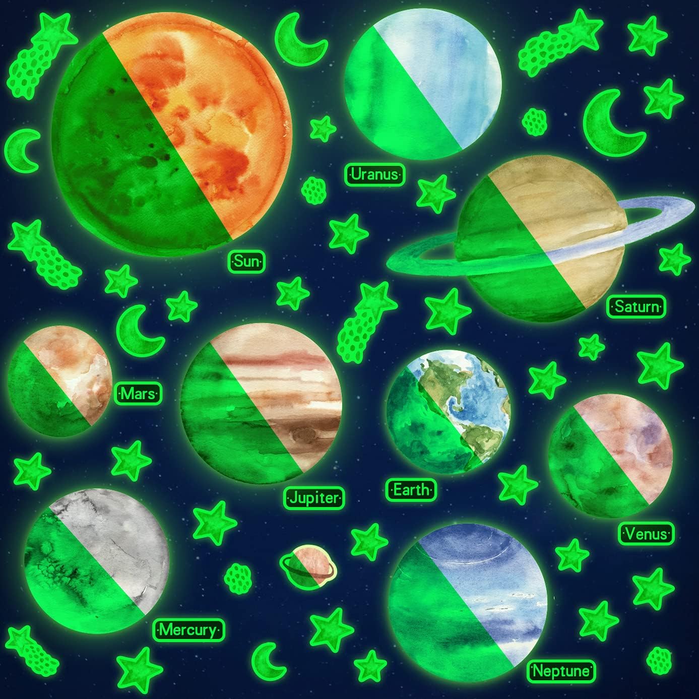 KASTWAVE 9pcs Removable Glow in The Dark Planet Wall Stickers Sun Earth and Stars Glowing Planets Wall Decals Peel Stick Art Decor for Walls Ceiling Kids Bedroom Living Room Nursery Girls and Boys
