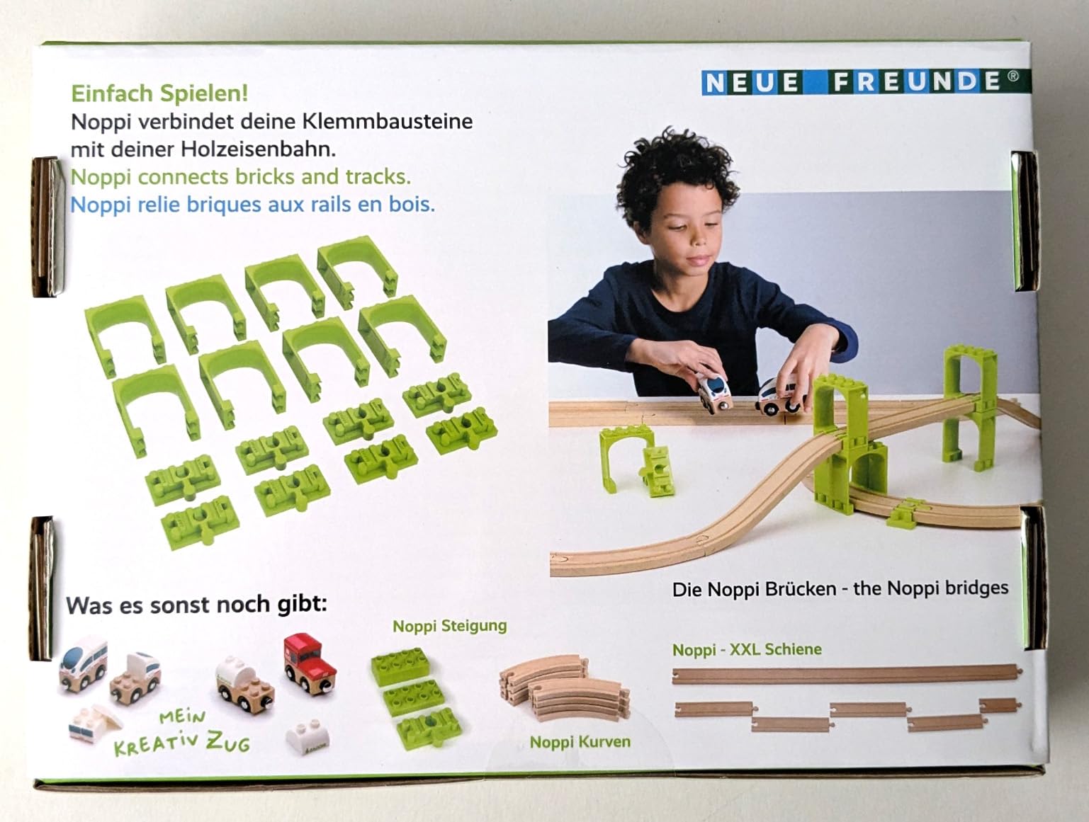 NEUE FREUNDE inventing & producing schnickschnack Kolej Noppi – zestaw klocków zaciskowych do drewnianych kolejek, spirala helix z 4 poziomami (bez szyn)