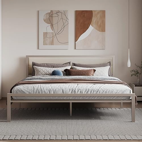 Miniatura 6 de Nazhura Marco de cama de tamaño matrimonial, plataforma de acero estable con cabeceroestribo de tela (marco de color champán)