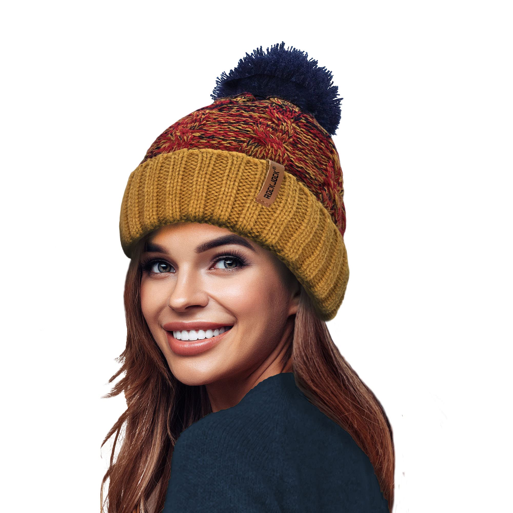 Rockjock Women's Mustard/Red/Navy Stormactive 100% Waterproof Unisex Chunky Ombre Warm Winter Teddy Fleece Lined Knitted Pompom Beanie Hat