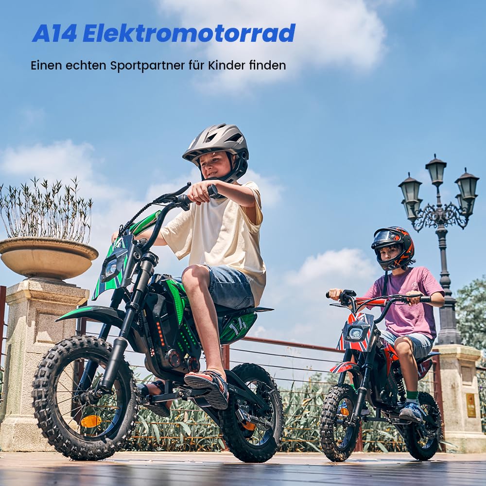A14 Elektro Motorrad Kinder | 36 Volt 250 Watt Motor bis 22 km/h | E Bike | Dirt Bike | Electric Bike | Motocross |14 Zoll Kinder Motorrad elektrisch | Pocketbike | Dirtbike ab 6 Jahren (Rot)