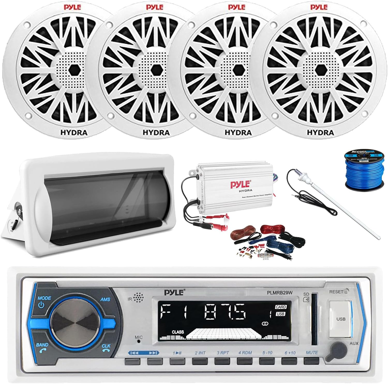 Pyle PLMRB29W Marine Single DIN Bluetooth MP3 Stereo Receiver, Slide-Up Cover, 4-Channel Amplifier w/Kit, 4x 6.5" 200 Watt Peak Full Range 2-Way Waterproof Speakers w/Wire, Long Range Radio Antenna