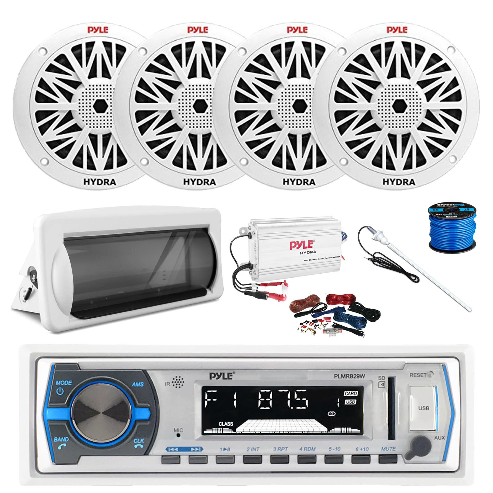 Pyle PLMRB29W Marine Single DIN Bluetooth MP3 Stereo Receiver, Slide-Up Cover, 4-Channel Amplifier w/Kit, 4x 6.5