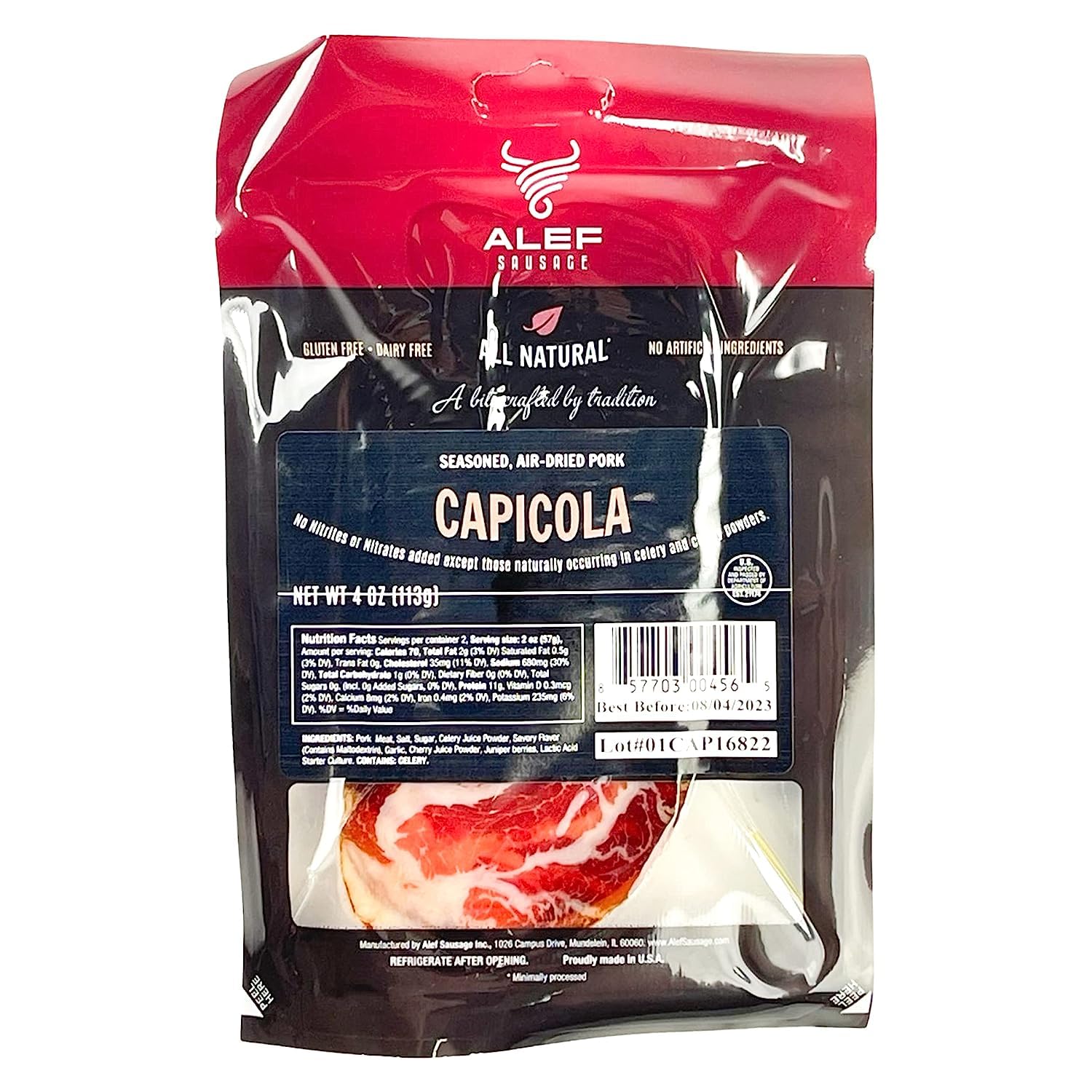 Alef Capicola Seasoned Air Dried Pork 4 oz Delicious Meat