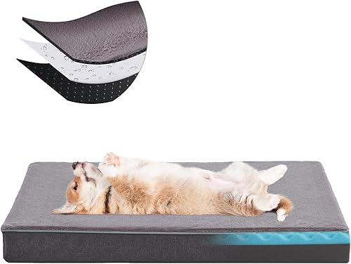 Cama ortopédica de espuma viscoelástica para perros, camas refrescantes para perros medianos, camas lavables para mascotas con funda de piel