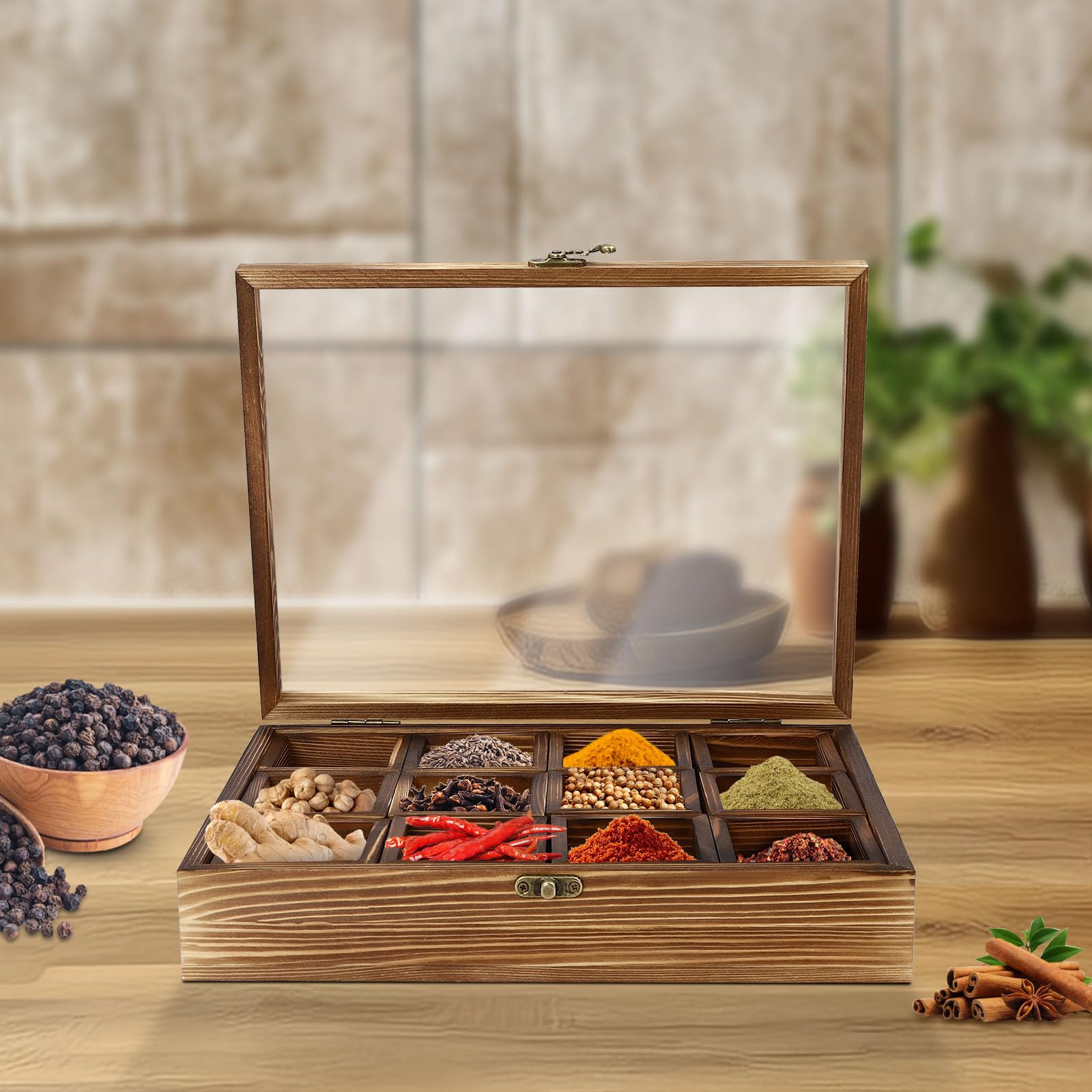 Portaspezie in legno di pino organizzatore con 12 scomparti, coperchio e cucchiaio, porta spezie marrone, 30 x 22,5 x 7 cm, posate da cucina, organizer per ufficio, casa, cucina e bar