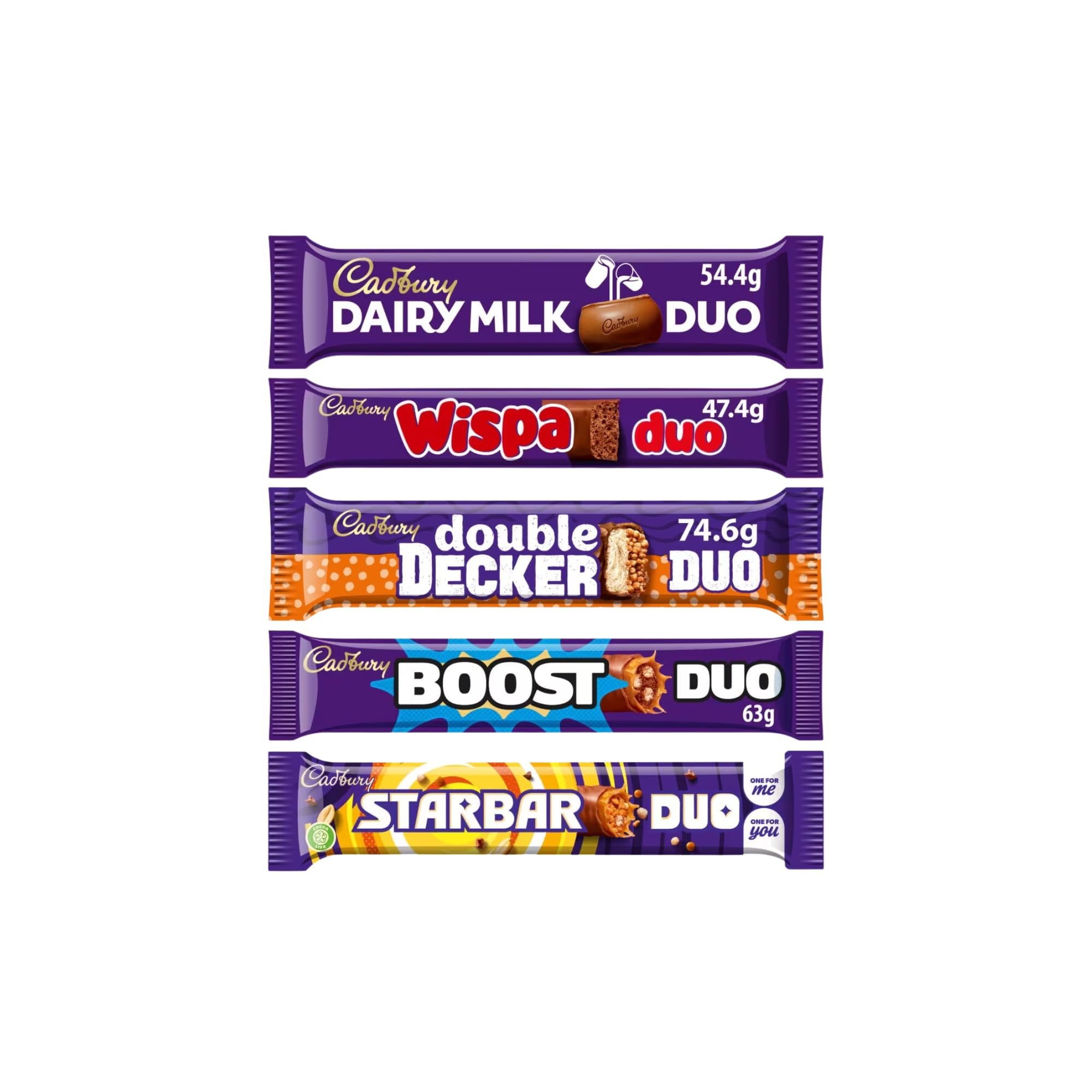 Cadburys Duo Bar Bundle - 5 Full Size Bars - 63g Boost, 74g Starbar, 74g Double Decker, 47g Wispa, 54g Dairy Milk