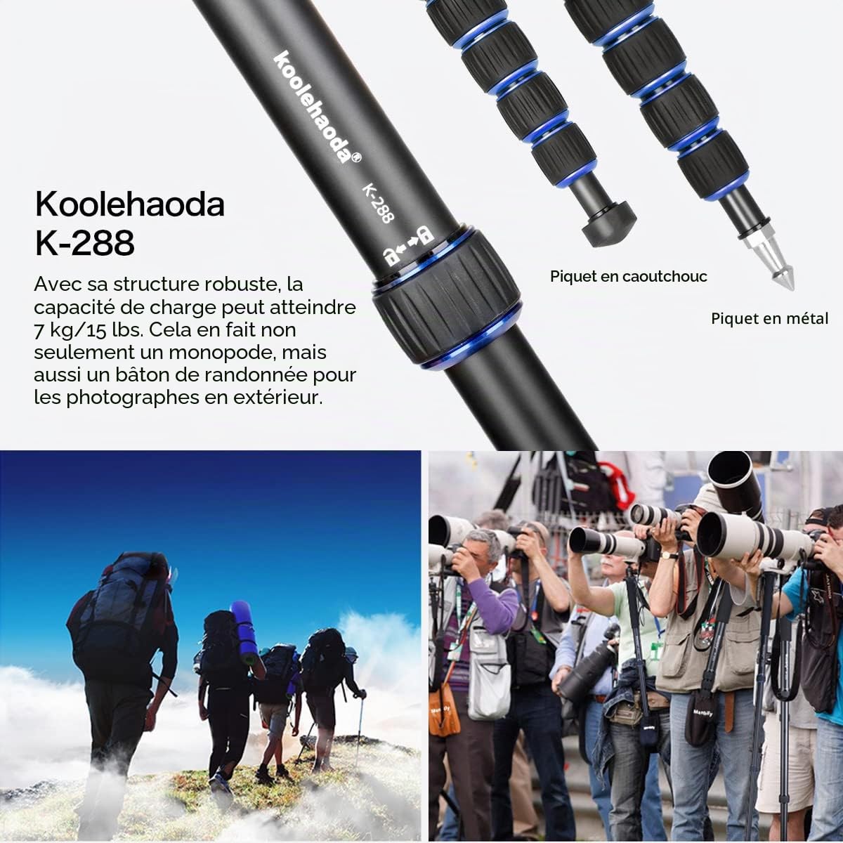 Koolehaoda Monopode Extensible pour Appareil Photo en Alliage d'aluminium avec Base de Support pour trépied, 5 Sections 52 cm-168 cm réglables pour appareils Photo Reflex, Charge utile jusqu'à 7 kg