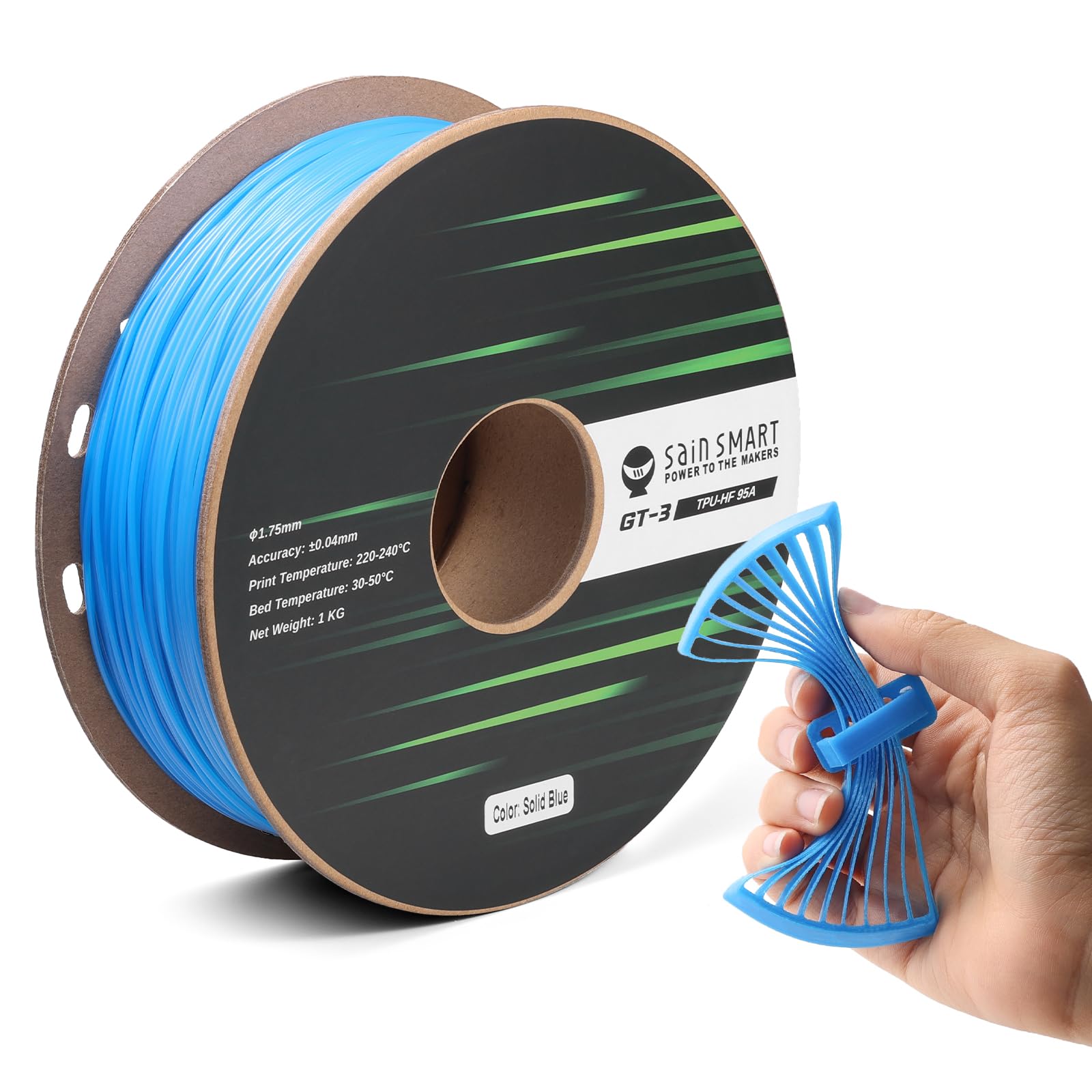 SainSmart TPU Filament 1.75mm, GT-3 Flexible 3D Printer Filament for High-Speed Printing 500mm/s, Blue, 2.2 LBS (1KG) Spool, Dimensional Accuracy +/-