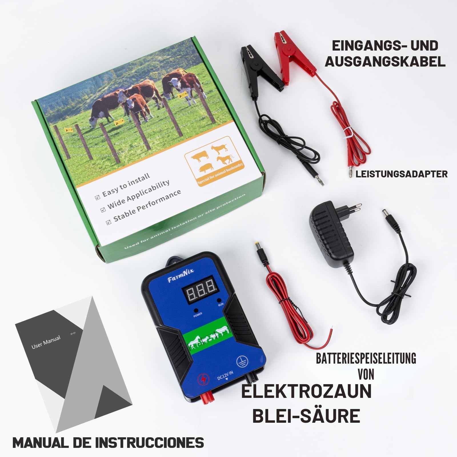 12V Weidezaungerät mit LED Anzeige, 2J Wasserdicht Elektrischer Weidezaun 230V für 15 KM Reichweite, LED Display Eelektrozaun für Schutz von Nutztieren,Haustieren,Geflügel, Hausweide,Gärten (Blau)