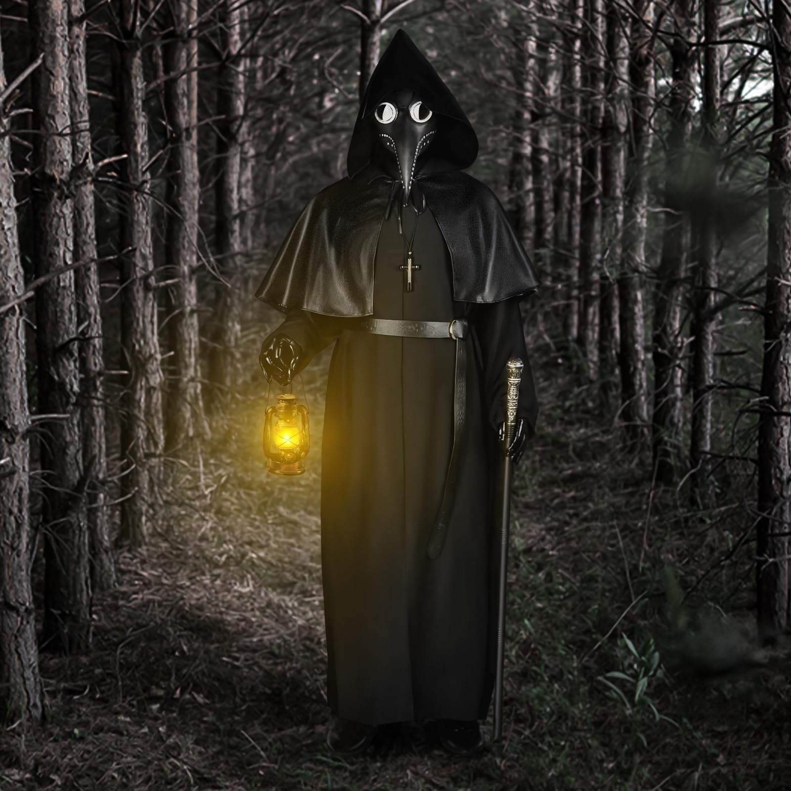 Ulikey Medico Della Peste Costume da Uomo, Plague Doctor Costume, Carnevale Costume Medico Della Peste Cosplay Set con Maschera del Medico della Peste, Cintura, Guanti, Scettro per Carnevale