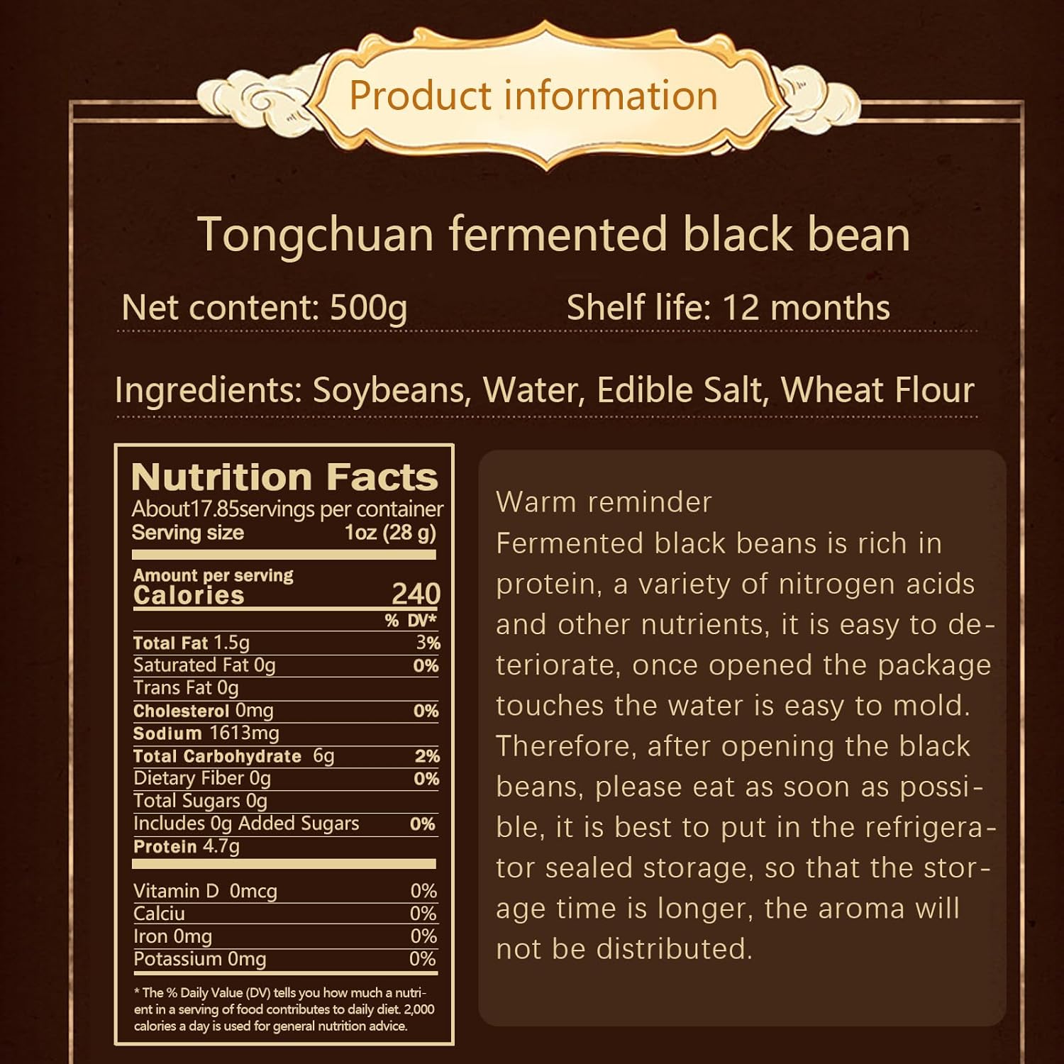 fermented black bean 500g,Dried black beans，Bean drum sauce，Soybean drum, Tempeh is a traditional Chinese characteristic fermented bean product seasoning. Tempeh ,dried black beans Original cooking black beans dried black bean sauce