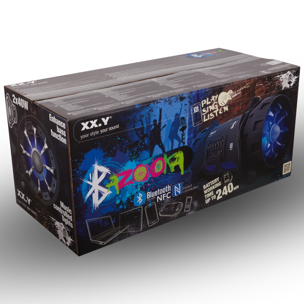 XX.Y P-127J tragbarer Bluetooth Lautsprecher Boom Box (NFC) mit eingebautem Akku/Audio-Eingang für Mikrofon/Musikinstrument/MP3 Player schwarz