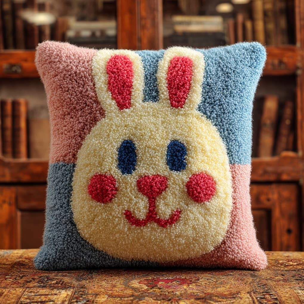 WallustrioaW Latch Hook Pillowcase Cushion Kits,Animal Rabbit,Latch Hook kit Cushion Throw Pillow Embroidery Craft for Beginner Hobby & Craft,17x17in