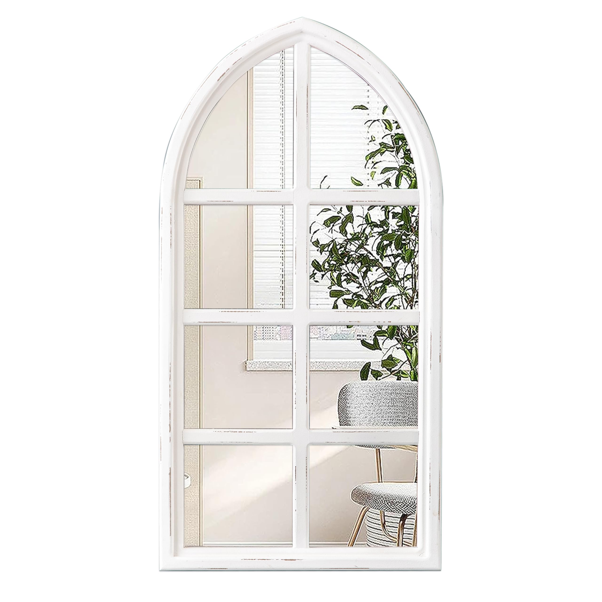 Miroir Arche Rustique Blanc 45 x 90 cm, Grand Miroir Mural de Fenêtre, Miroir Vintage Cadre en Bois pour Salon, Entree, Chambre