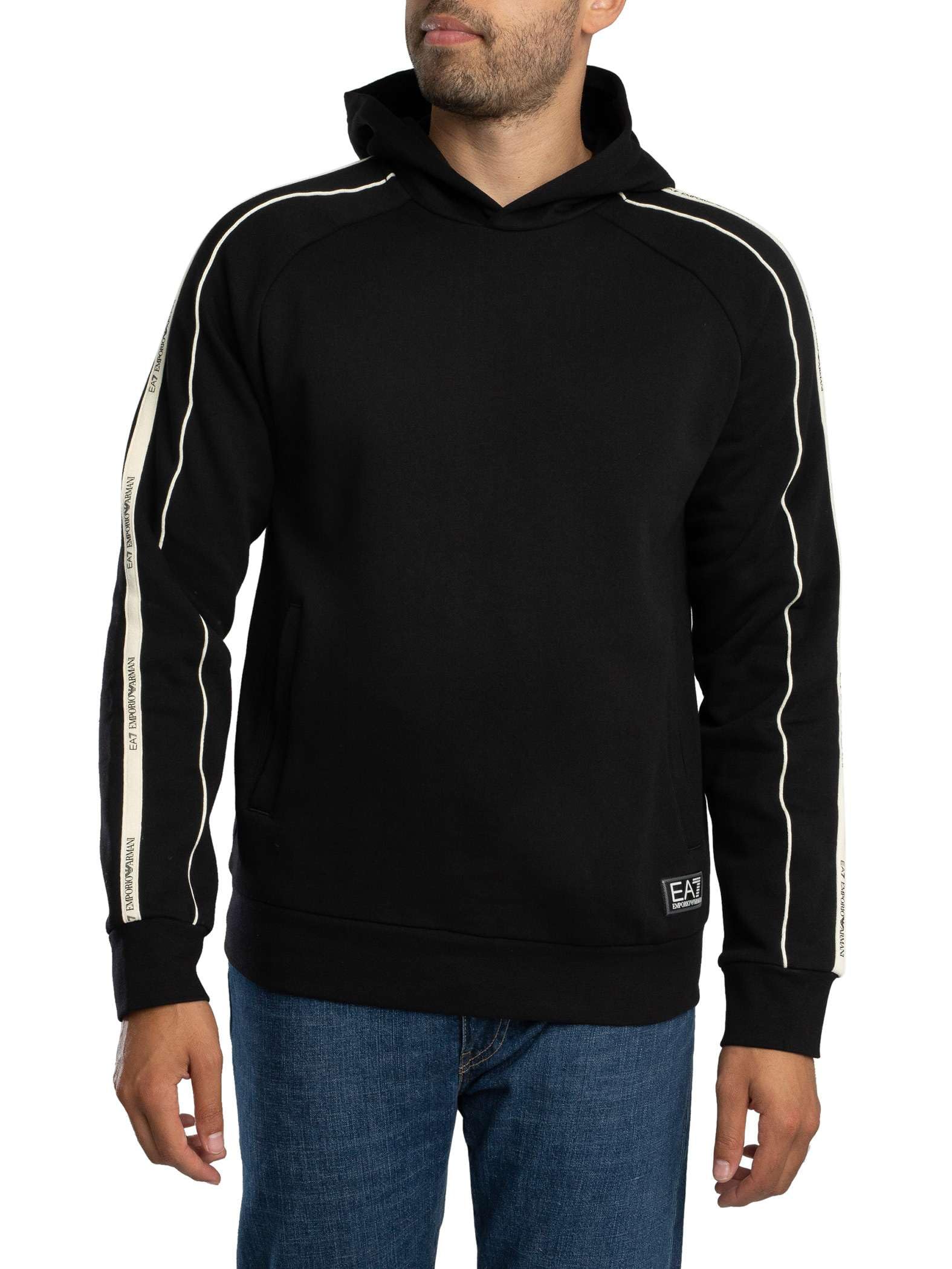 EA7 Men's Train Logo Tape Pullover Hoodie, Black, M