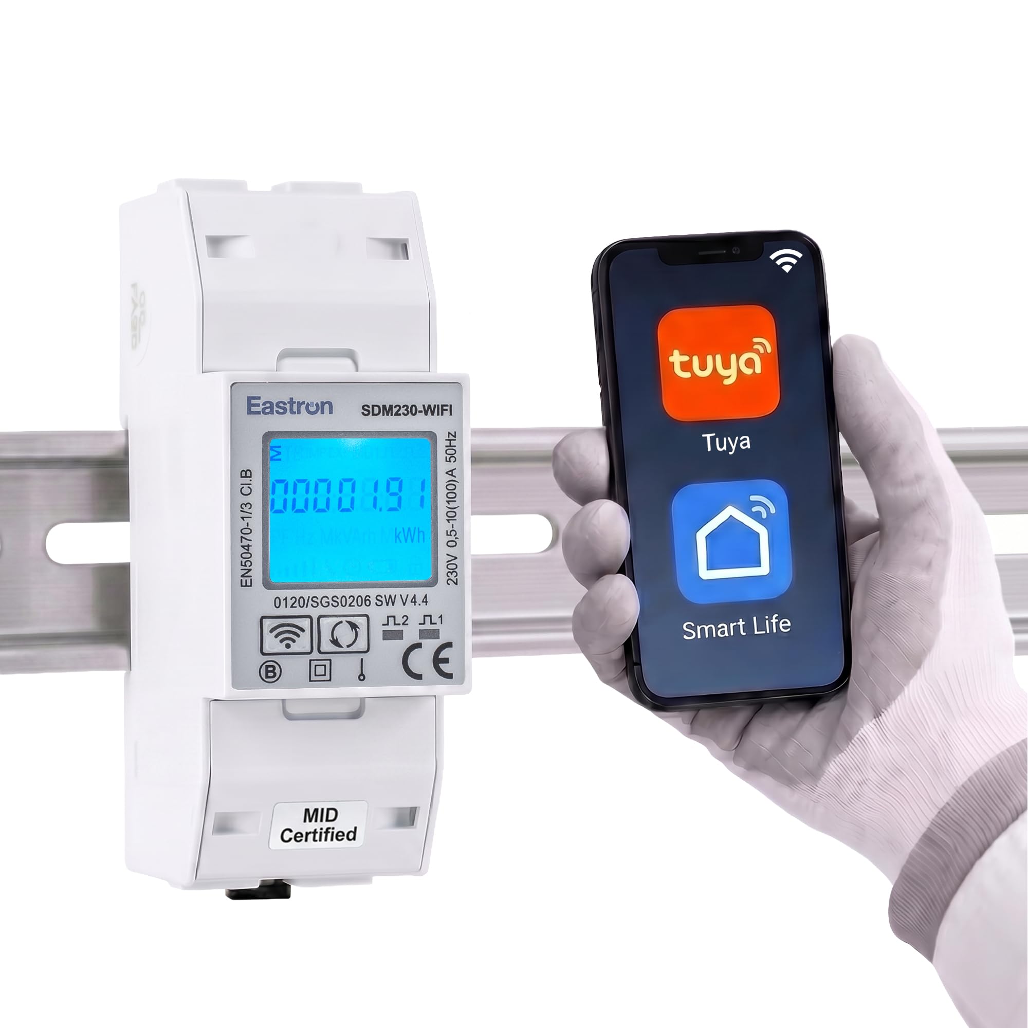 Eastron SDM230-WIFI-MID licznik energii – jednofazowy licznik prądu na szynie DIN 100 A – zdalny odczyt za pomocą aplikacji Tuya & Smart Life, bez opłat abonamentowych, certyfikat MID