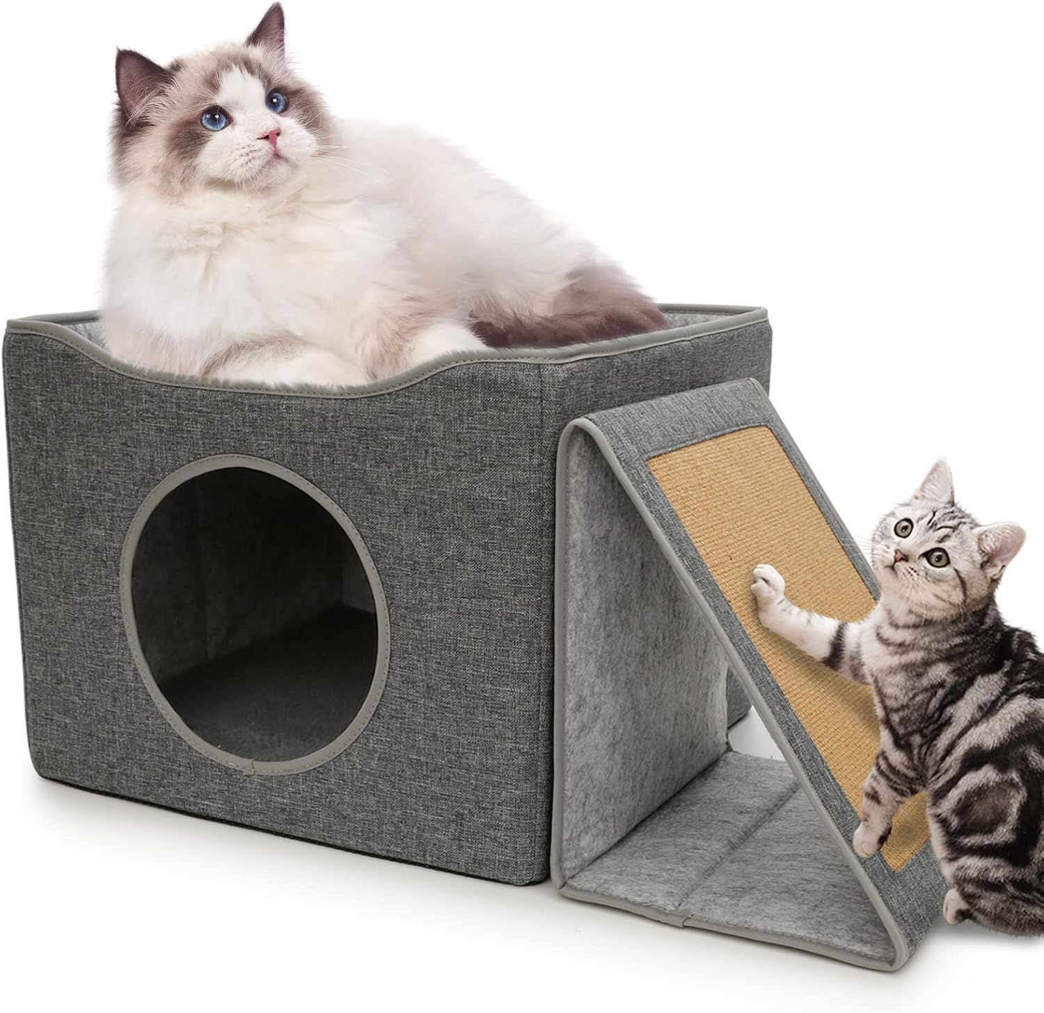 ToPicks Casa plegable para gatos con cama, apartamento para gatos de interior, 2 capas con tabla para gatos y 2 almohadillas reversibles, sujeción más fuerte y cama de felpa cálida