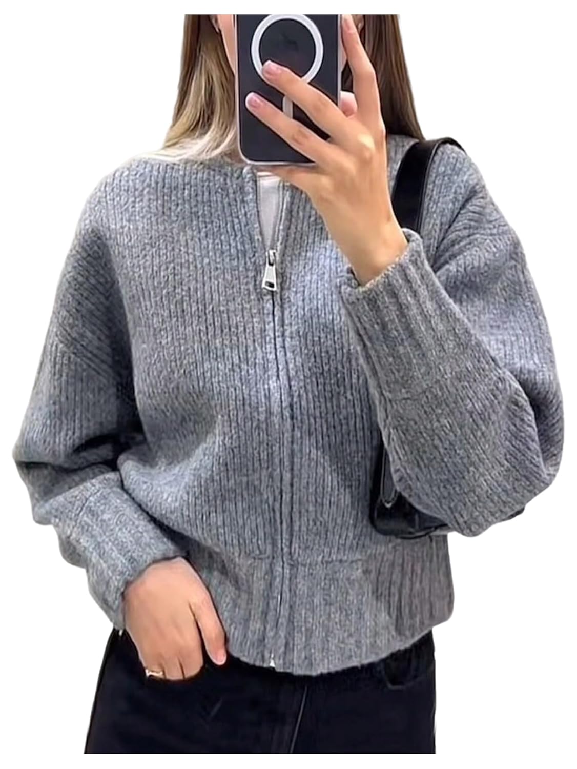 Womens Ribbed Knit Cardigans Zip Up Cropped Sweaters Casual Fall Jumpers