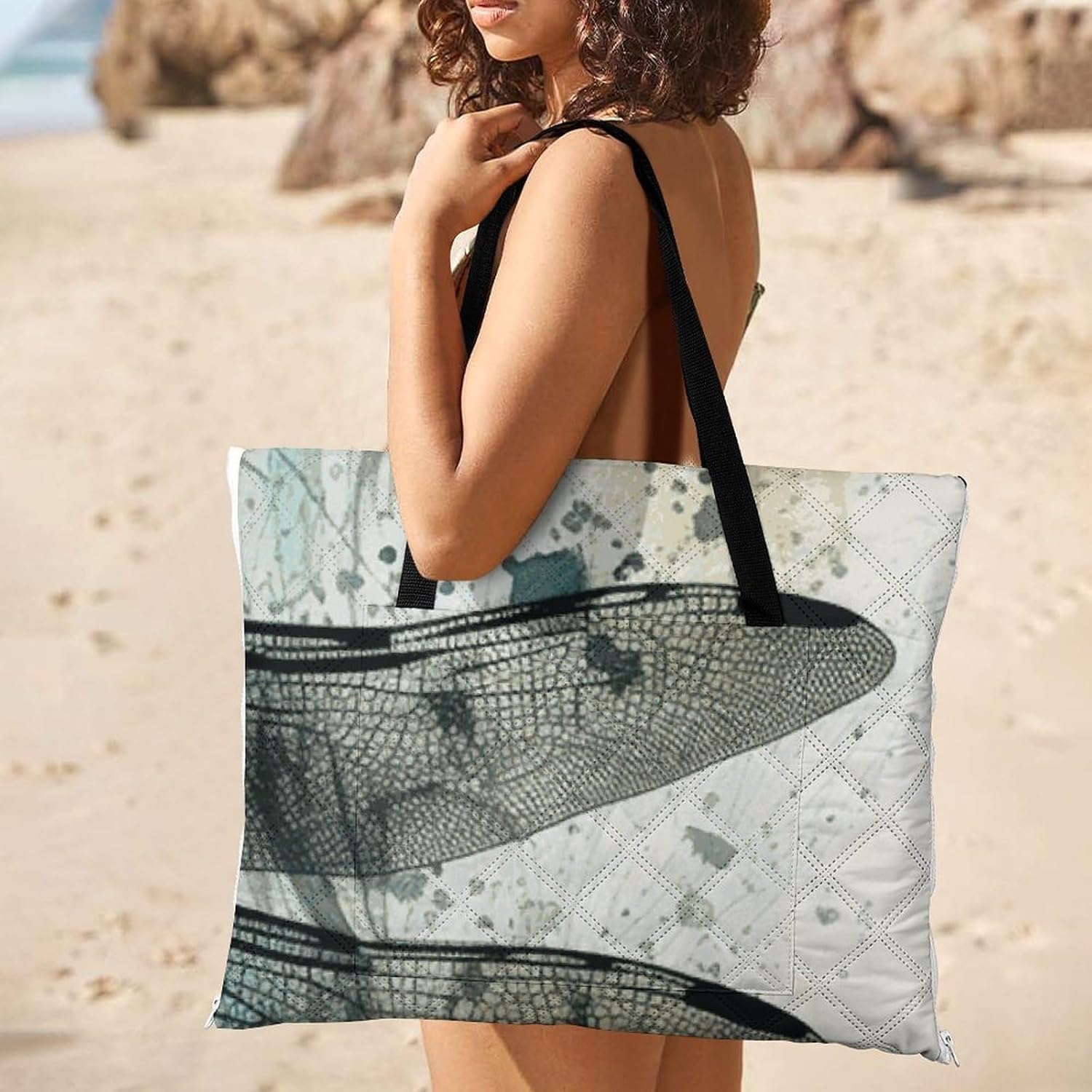 Ink Dragonfly Picnic Blanket 150x150cm, Foldable 2-in-1 Picnic Mat and Tote Bag Portable Waterproof Beach Mat Sandproof Outdoor Blanket for Park, Hiking, Beach, Camping, Travel