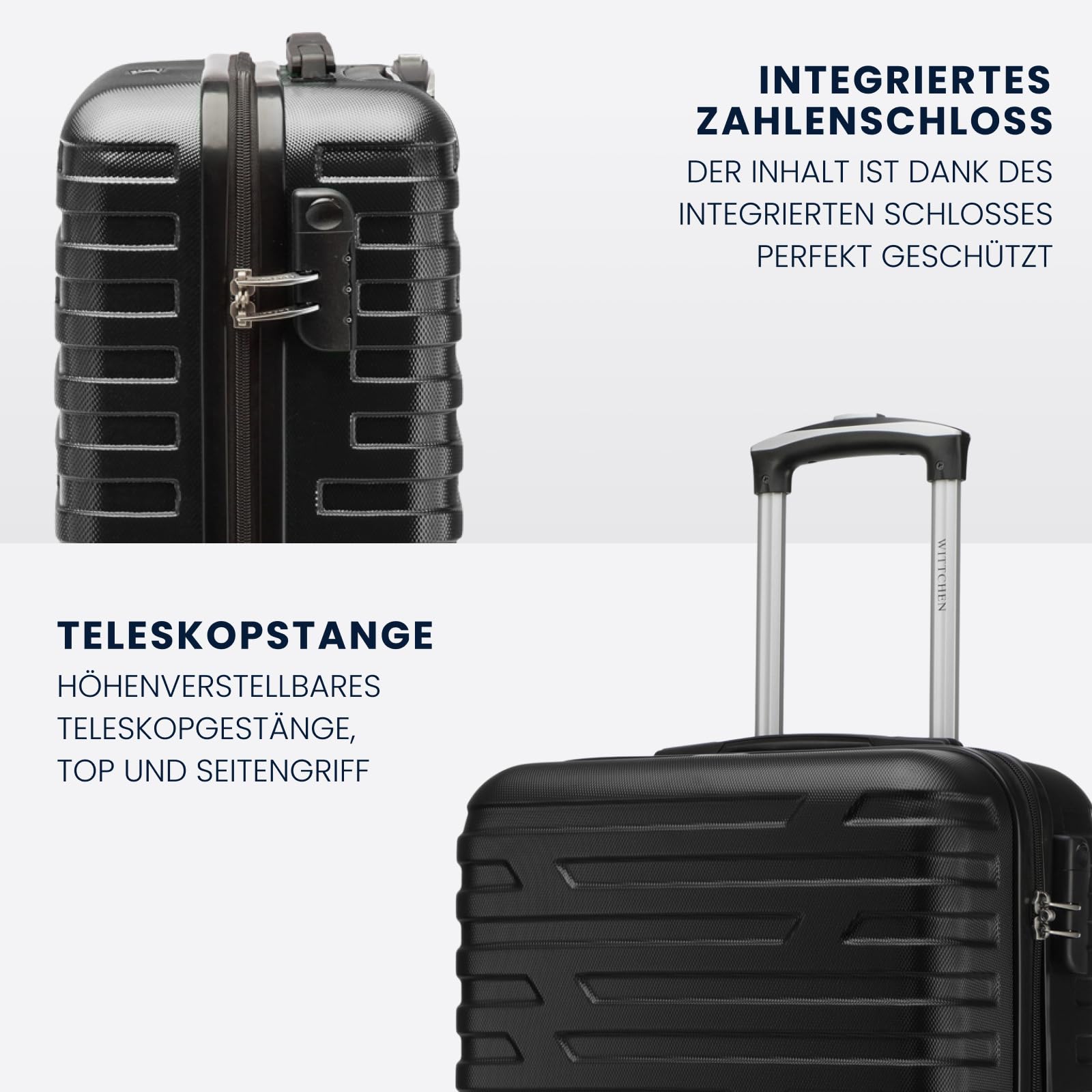 WITTCHEN A-line II Kabinengepäck Kabinenkoffer Handgepäck Rollkoffer Reisekoffer Bordkoffer Hartschale ABS Hochwertiger Stabiler Größe S Schwarz Lufthansa/Eurowings/Ryanair/Condor/Discover Airlines
