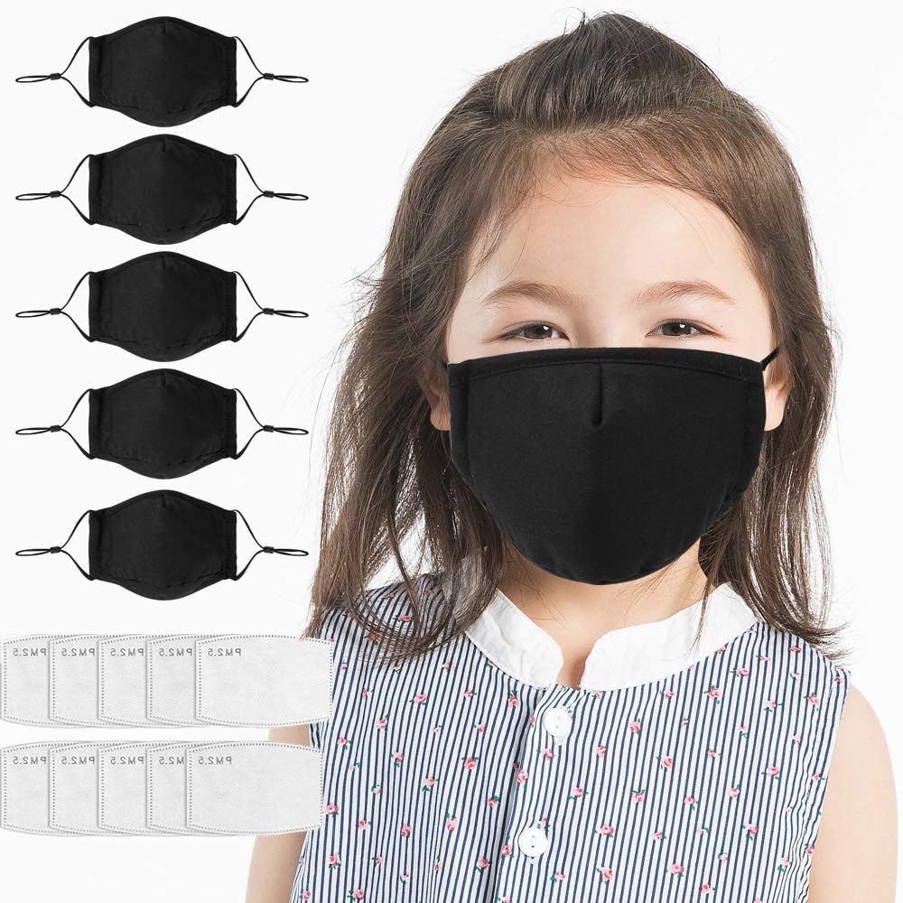 5 Pack Face Cotton Kids Reusable Safety for Dust Protection With 10 Filters(Black)