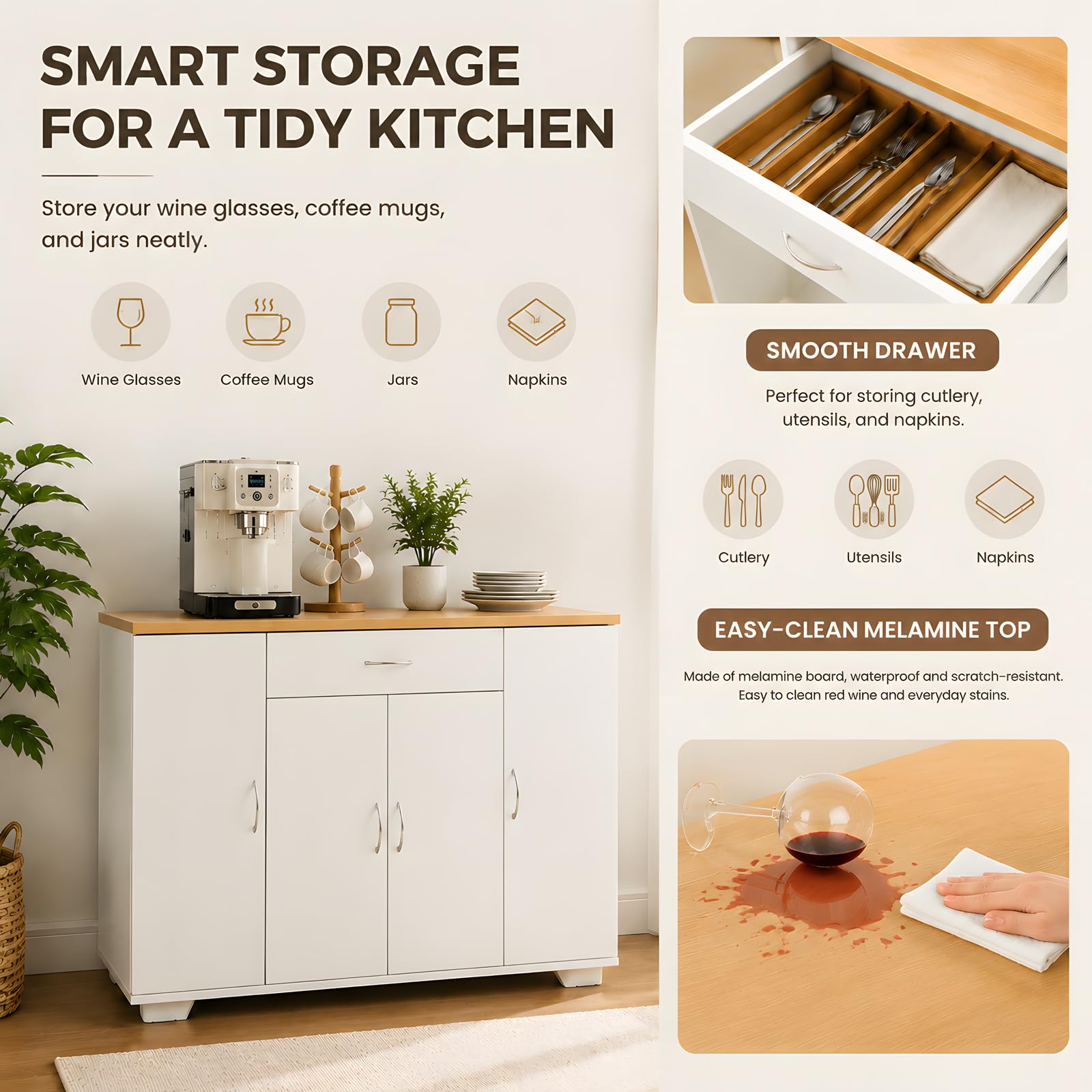 Set 2 Credenze Sala da Pranzo Lunghe 220cm, Buffet XXL Sottile Bianco e Rovere, Madia con 8 Ante 2 Cassetti per Soggiorno e Open Space, 220x30x70