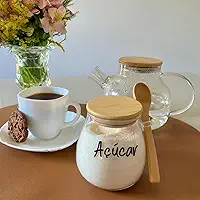 POTE HERMETICO COM TAMPA E COLHER DE BAMBU PERSONALIZADO 410 ML PERSONALIZADO AÇUCAREIRO/SALEIRO/CAFÉ/NESCAFÉ/LEITE EM PÓ E MAIS VARIAÇÕES (Açucar)
