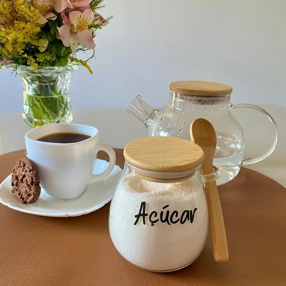 POTE HERMETICO COM TAMPA E COLHER DE BAMBU PERSONALIZADO 410 ML PERSONALIZADO AÇUCAREIRO/SALEIRO/CAFÉ/NESCAFÉ/LEITE EM PÓ E MAIS VARIAÇÕES (Açucar)