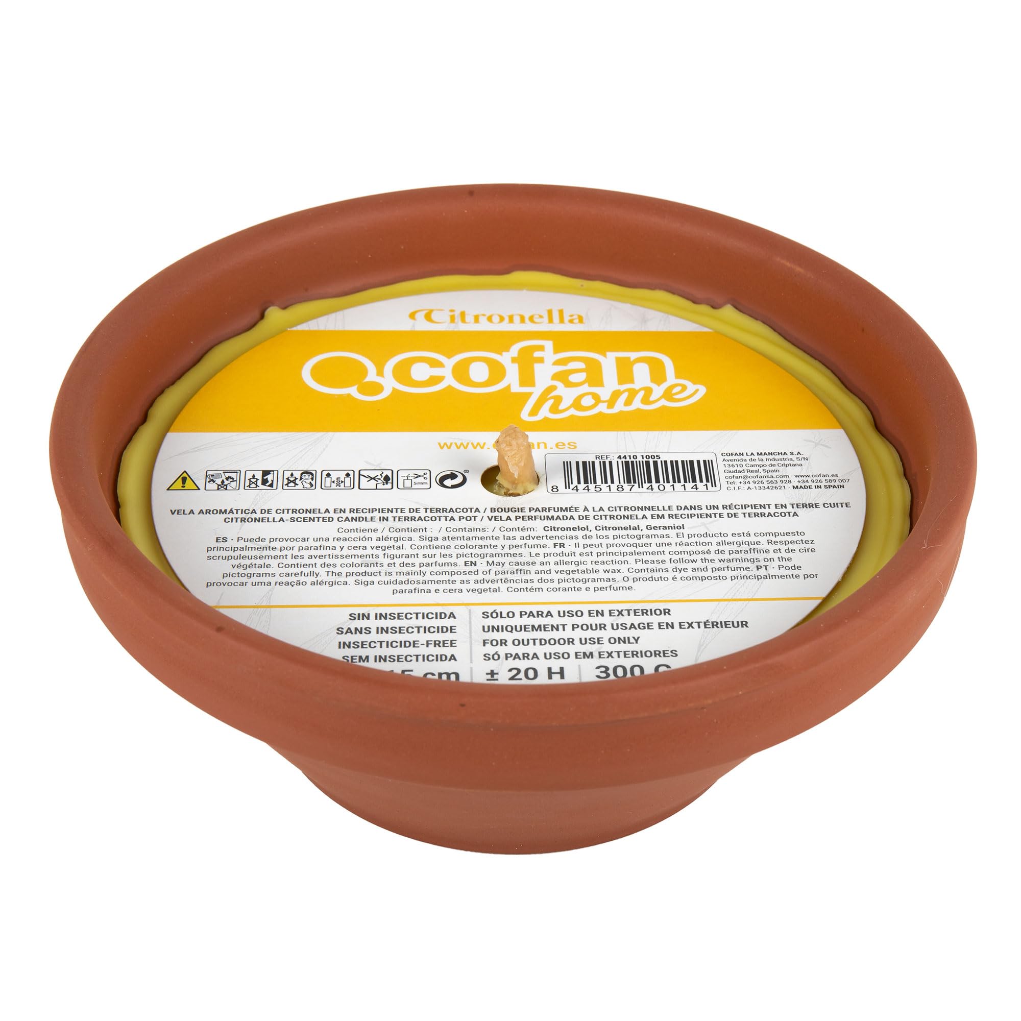 Cofan Velas de Citronela en Recipiente de Terracota | Capacidad de 300 g. | Duración aproximada: 20 Horas | Pack de 6 Unidades o Venta unitaria (6, Amarillo)