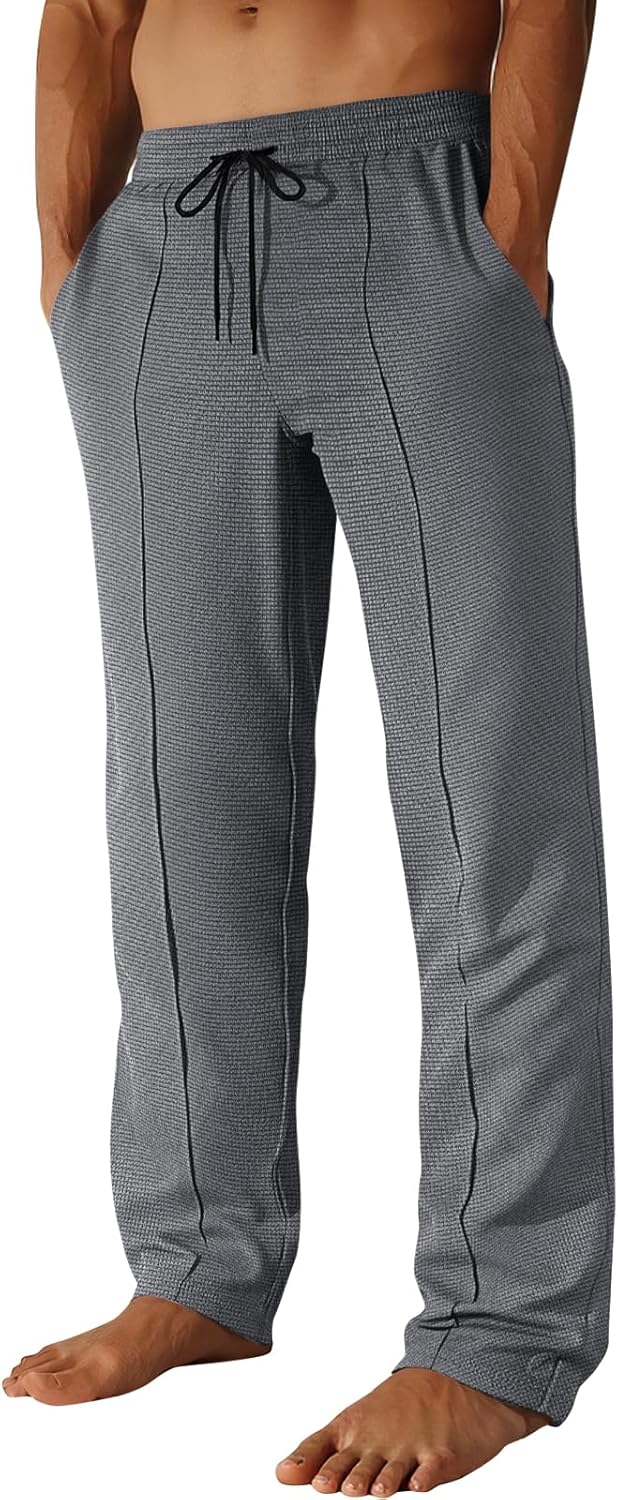 Runcati Mens Casual Sweat Pants Pleated Drawstring Elastic Waist Waffle Straight Leg Joggers Sweatpants with Pockets