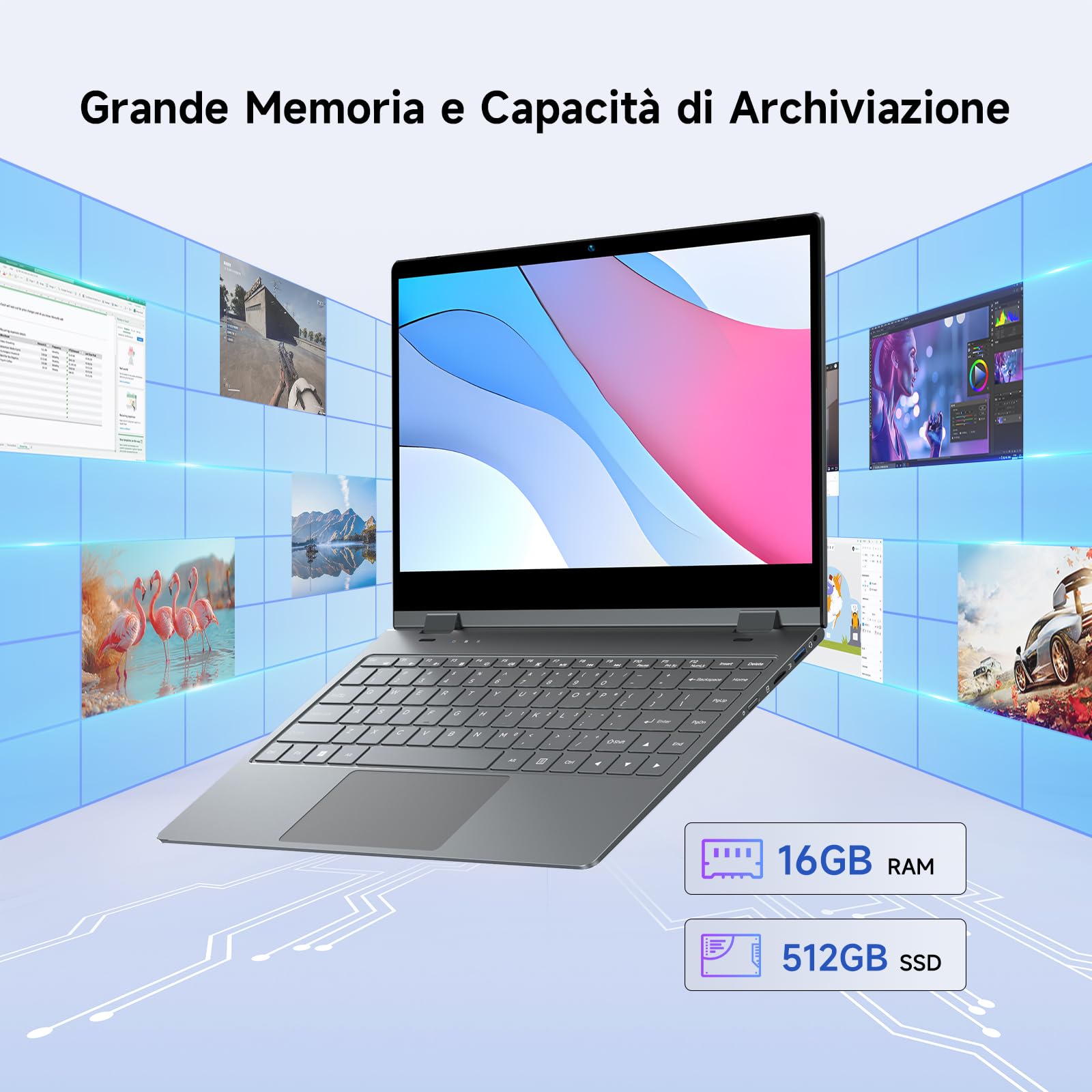 BMAX PC Portatile Intel N150 Notebook 14 Pollici 2 in 1 Touchscreen Computer Portatile 16GB RAM 512GB SSD Win 11 Tastiera Retroilluminata USB 3,2, Type C, BT5.0, Film per Tastiera Italiana