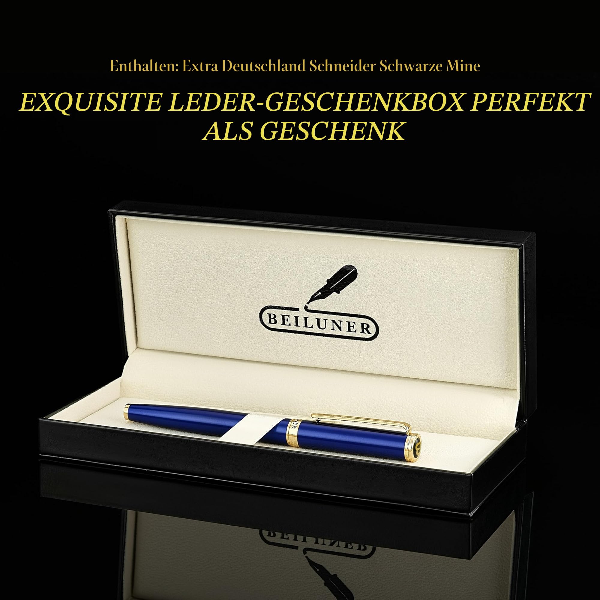 BEILUNER Hochwertiger Tintenroller mit Echtvergoldung - Professioneller Kugelschreiber mit schwarzer Schneider 850 Mine - Geschenkbox - Luxus Schreibgerät für Business & Geschenkanlässe(Blau)