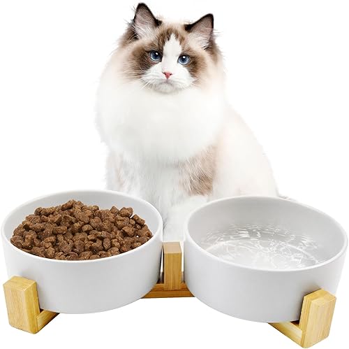 Miniatura 10 de Cuenco de cerámica para perros y gatos con soporte de madera, cuencos elevados para comida y agua, modernos y bonitos platos para gatitos, pesados y