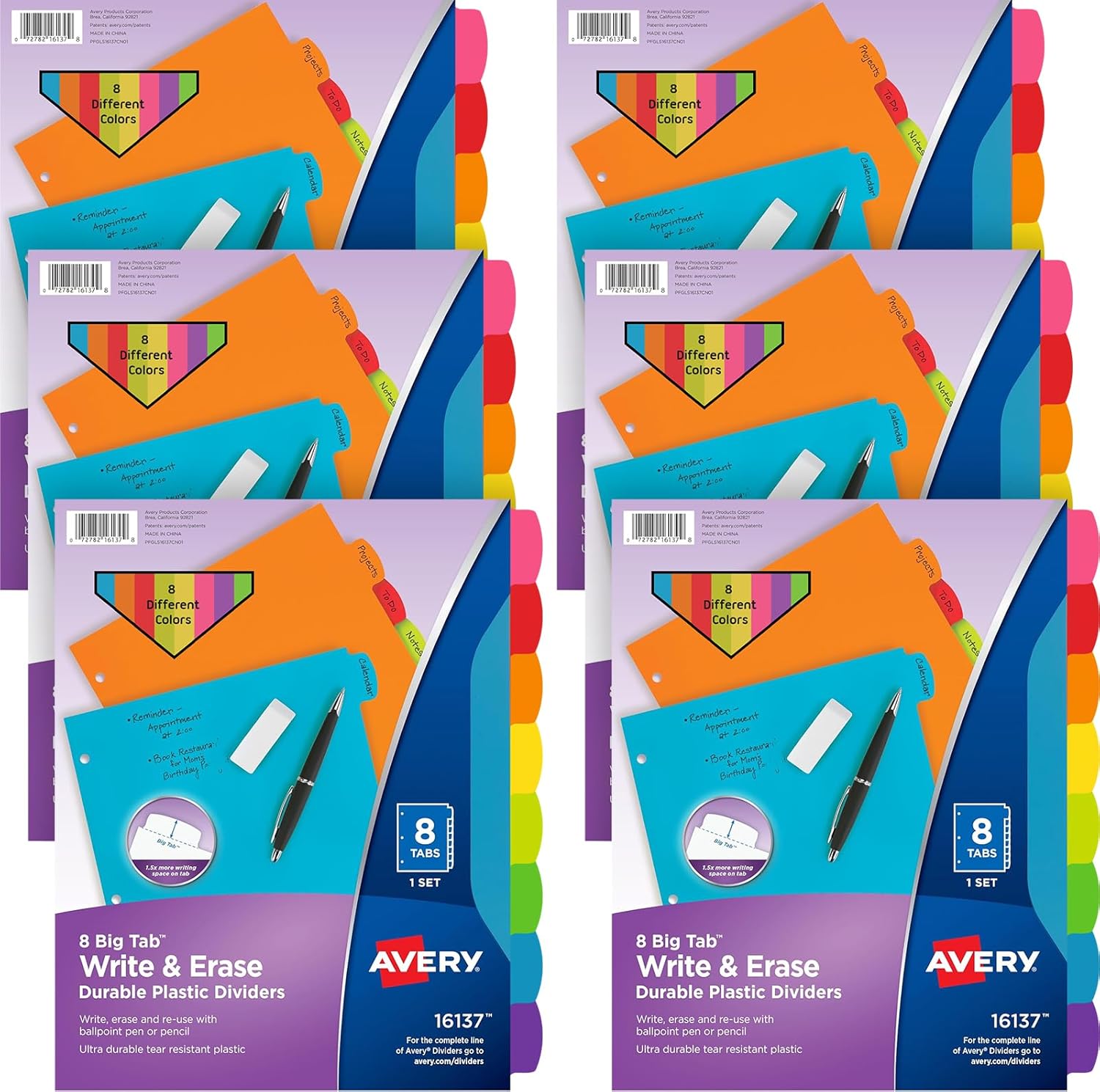 Avery Write & Erase 8 Tabs Plastic Divider for 3 Ring Binders, 6 Sets (8 Colors)