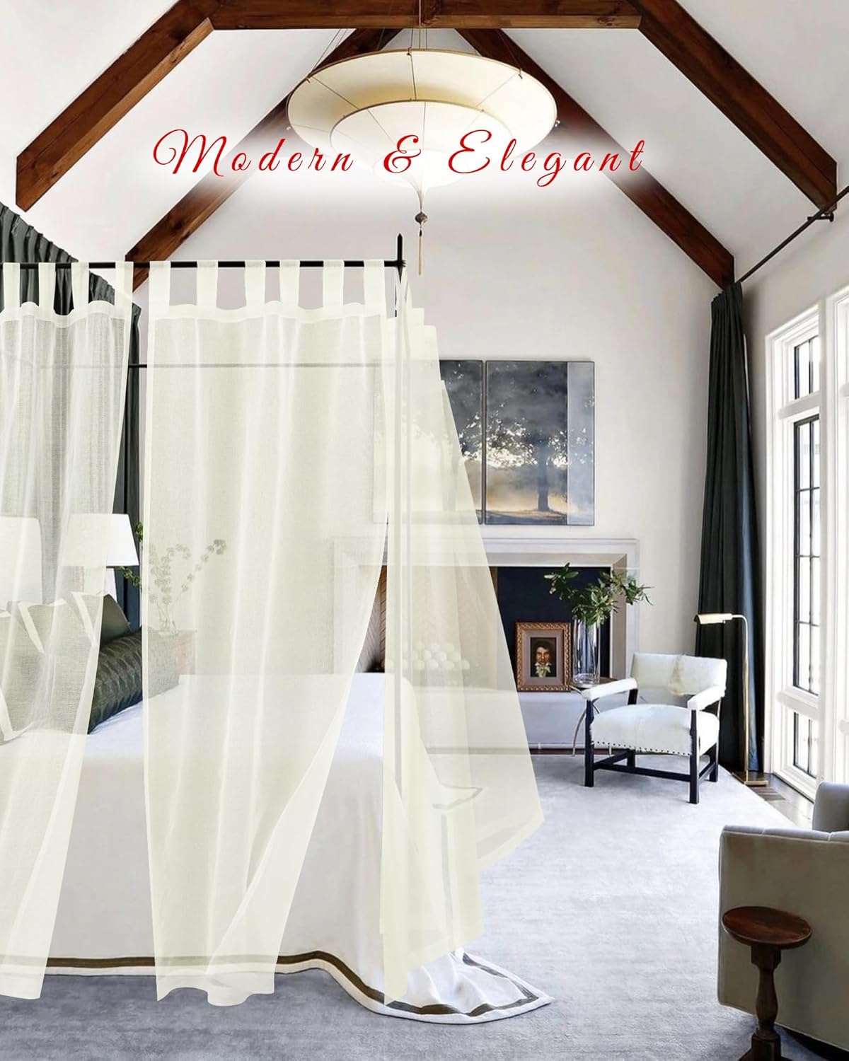 8 Panels Canopy Curtains Ivory Canopy Bed Curtains for King Full/Queen and Twin Bed Frame,Four Poster Bed Canopy Curtains Drapes,Sheer Canopy Bed Drapes with Top and Self-Adhesive Velcro(42"x74")