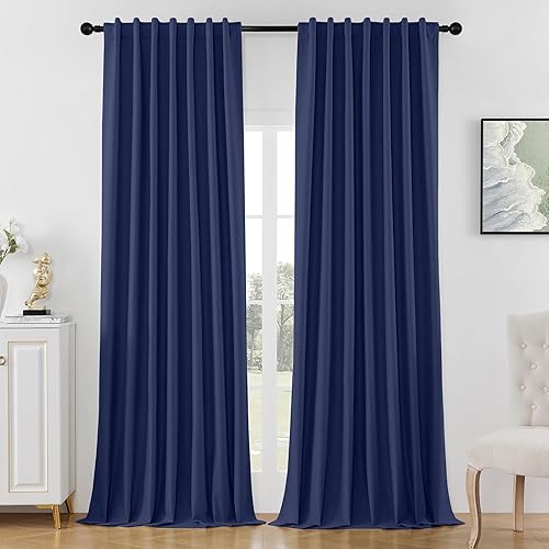 Miniatura 20 de Joydeco - Cortinas opacas negras de 84 pulgadas de largo - Cortina de lino 100% opaca para dormitorio, con bolsillo para cortinero y lengüetas