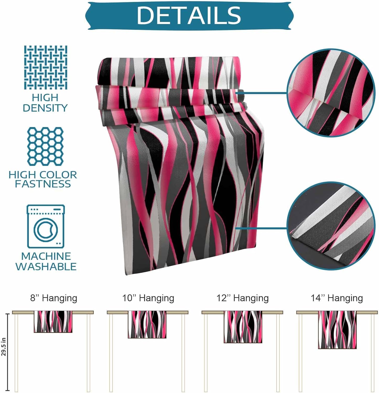 Pink Black Table Runner with Placemats Set of 4, Cotton Linen Kitchen Dining Mats Long Tablerunner 13"x70" Geometric Contemporary Grey White Stripe Table Mats Set for Living Room/Dresser/Dining Table