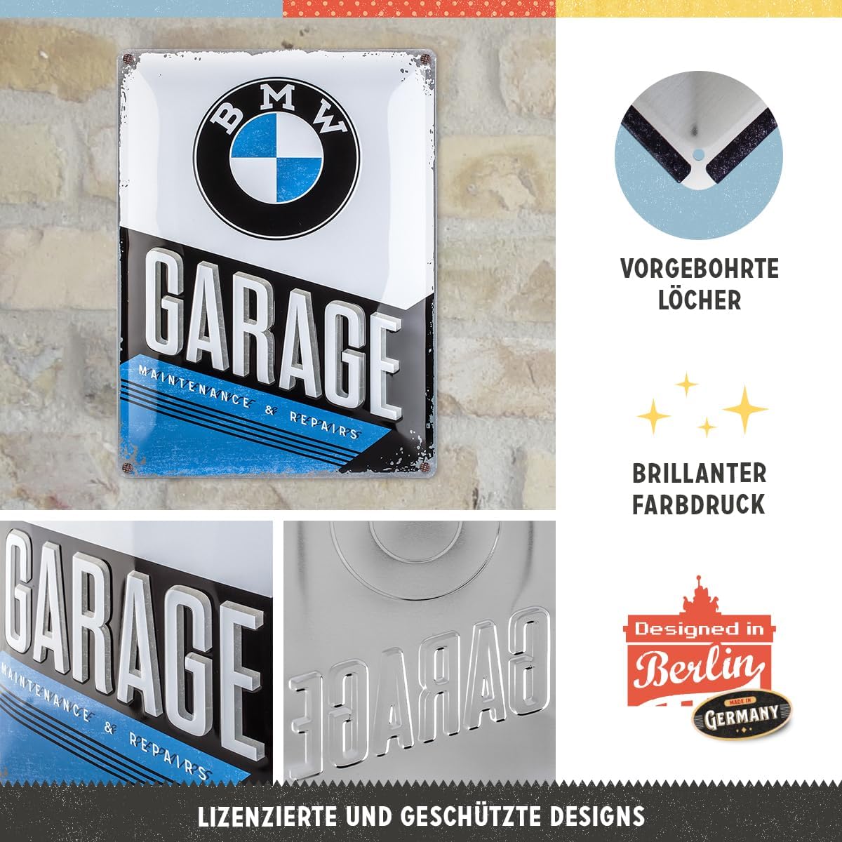 Nostalgic-Art Retro Tin Sign, BMW – Garage – Gift idea for car accessoires Fans, Metal Plaque, Vintage Design for Decoration, 11.8" x 15.7"