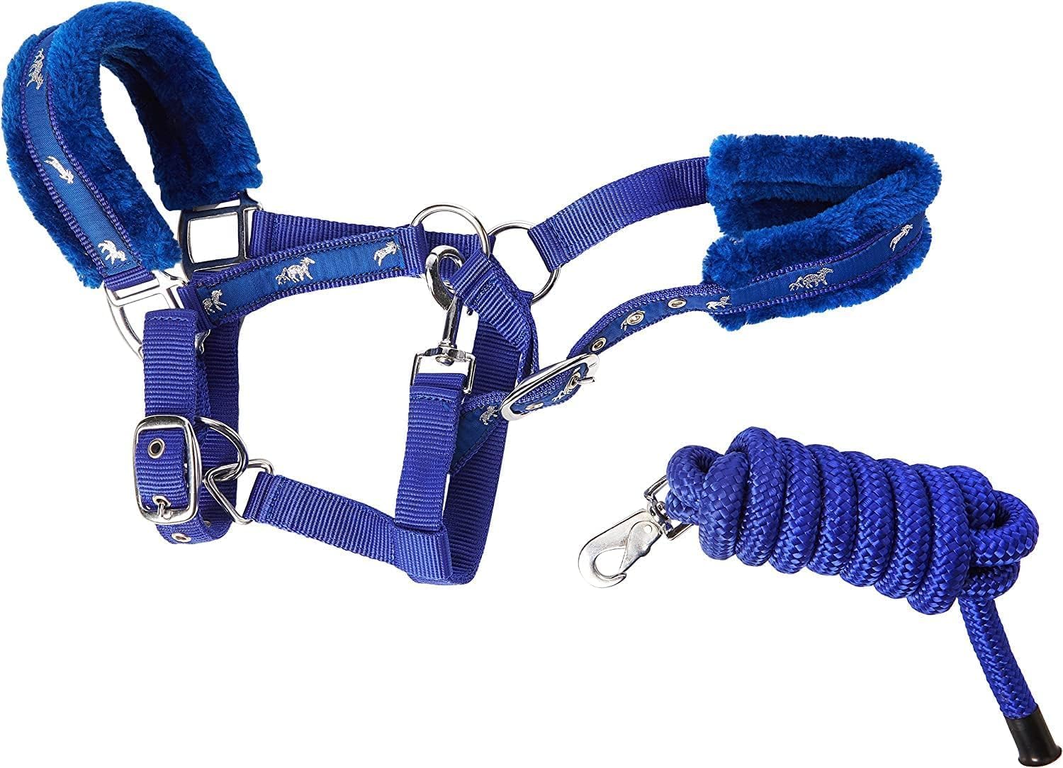 Equine NEW Horse print fur padded headcollars halter + matching lead ROYAL BLUE (FULL)