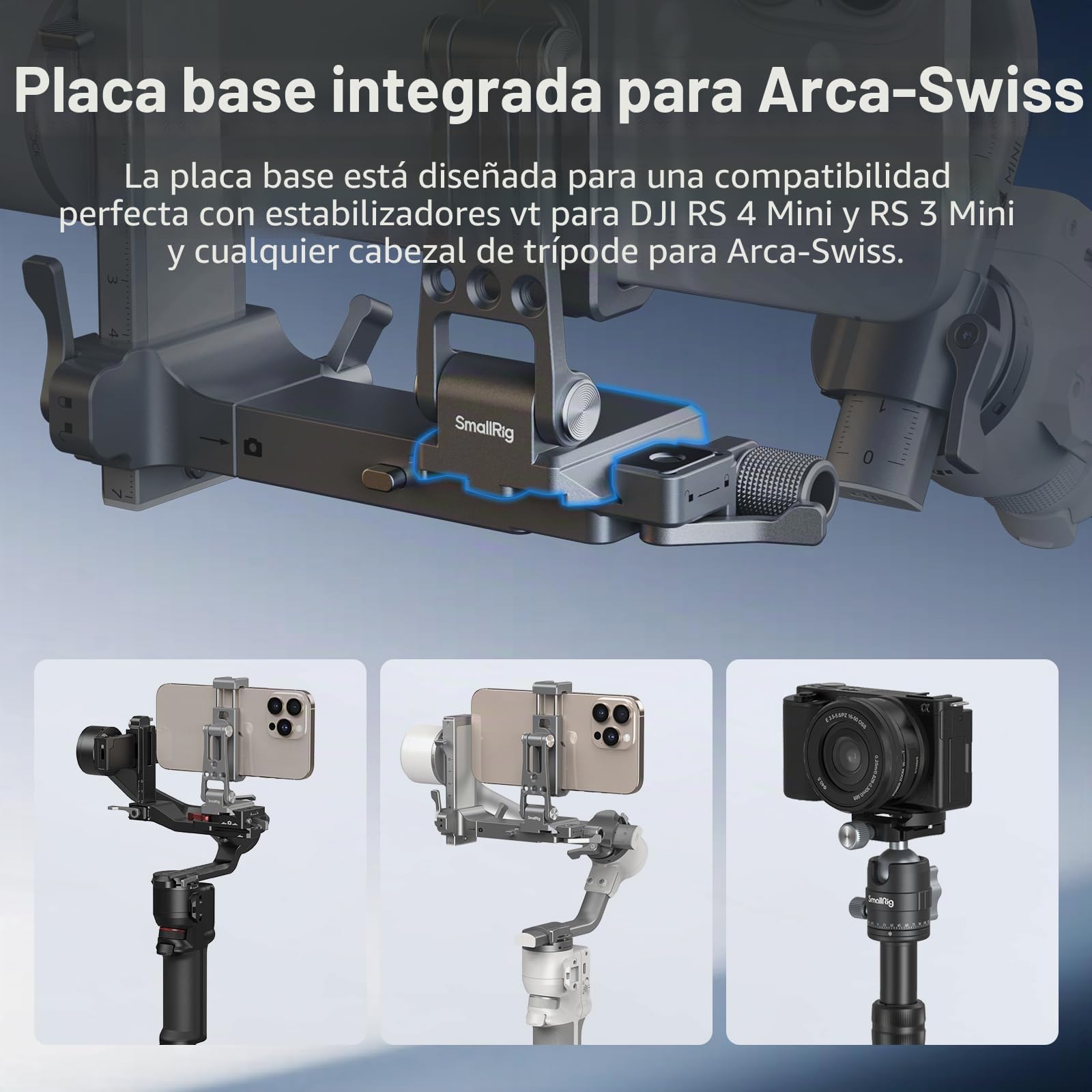 SMALLRIG Soporte Metálico para Teléfonos con Base para Arca-Swiss, Compatible con DJI RS 4 Mini y RS 3 Mini, Soporte Ajustable para iPhone 17/16/15, Para SAMSUNG y Universal Teléfono - 5338