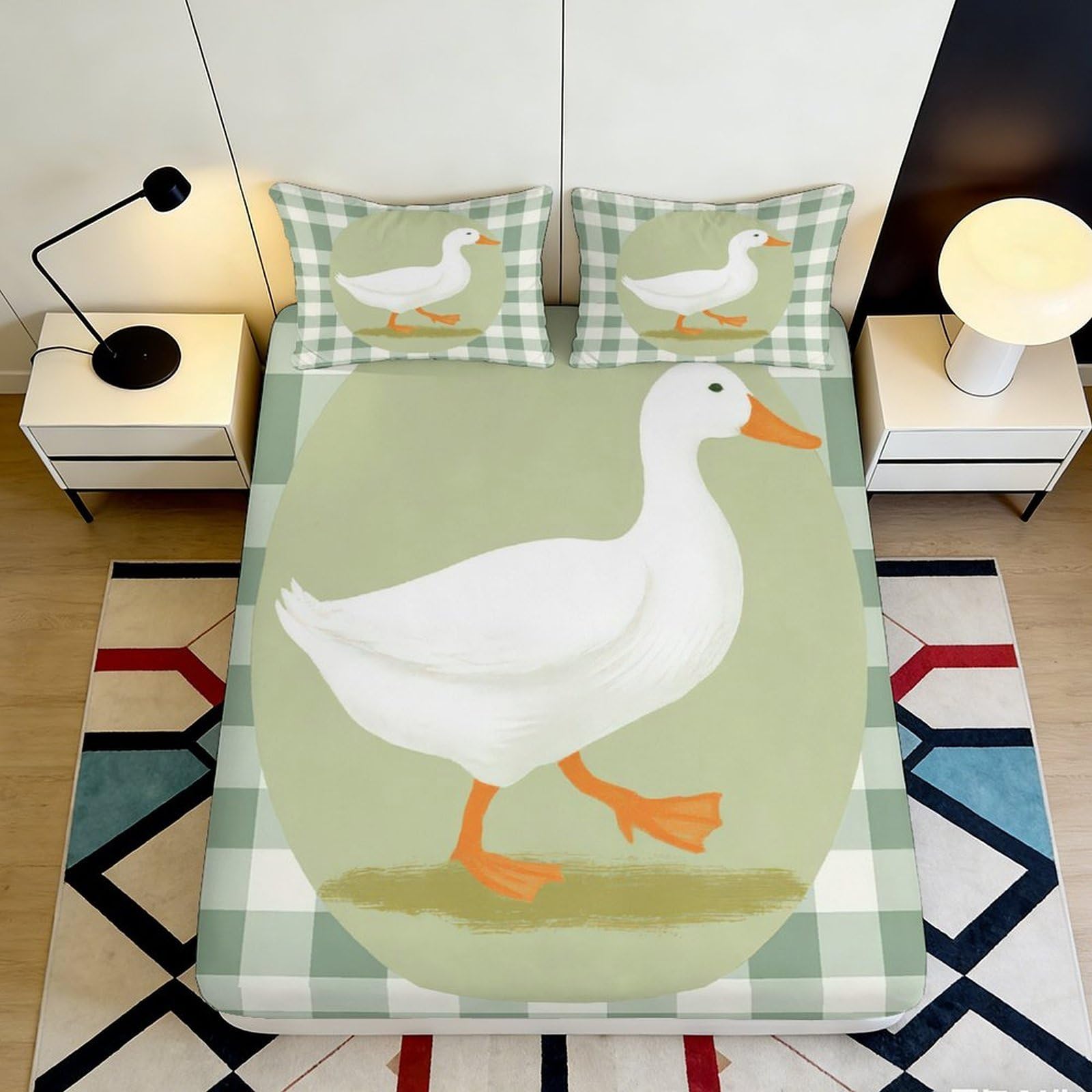 3D Printed Duck Pattern Fitted Sheet Microfiber Soft Breathable Checkered Bed Cover with Mattress Protection for Bedroom Dormitory Guest Room 120x200x25cm