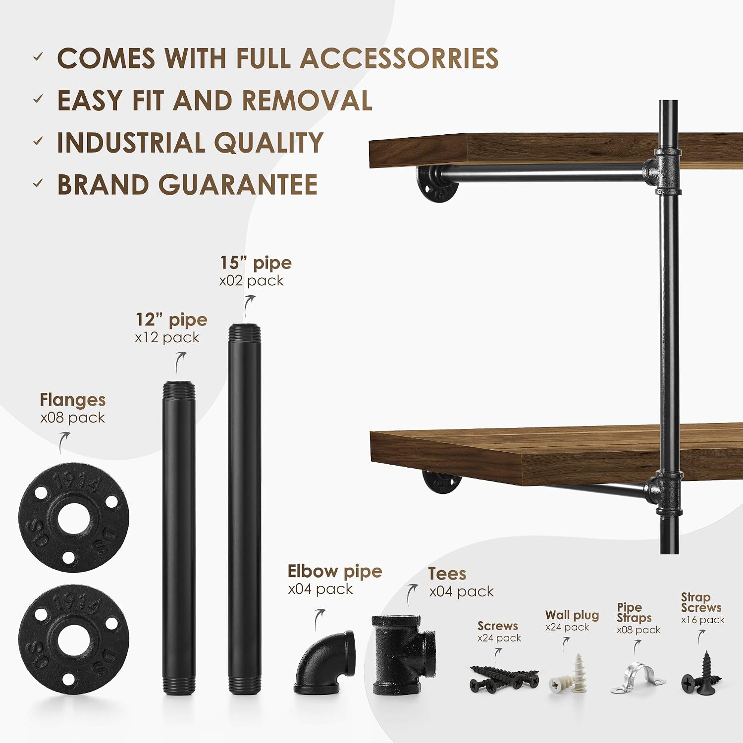 Pipe Shelves – 2 PCS (43” Tall) Industrial Pipe Shelving – Pipe Shelf Bracket for Wood Floating Shelf Vintage Look - Rustic Pipe Decor with All Accessories Needed (Shelf Not Included) (4 Tier 43")