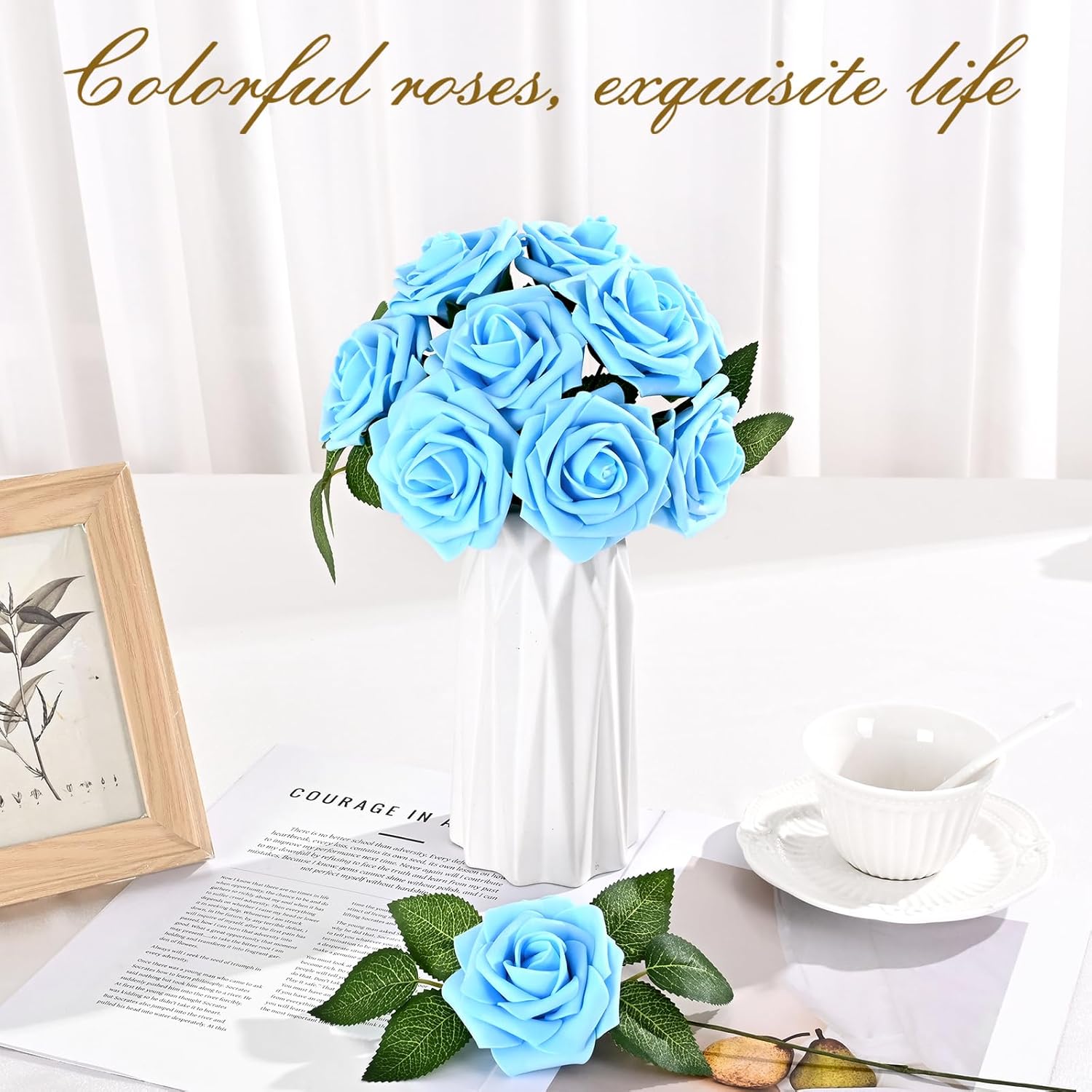 BLEUM CADE 16Pcs Artificial Flowers Fake Roses with Stems, Sky Blue Boxed Foam Roses for DIY Bouquets Centerpieces Wedding Party Arrangement Bridal Shower Decor - Image 5
