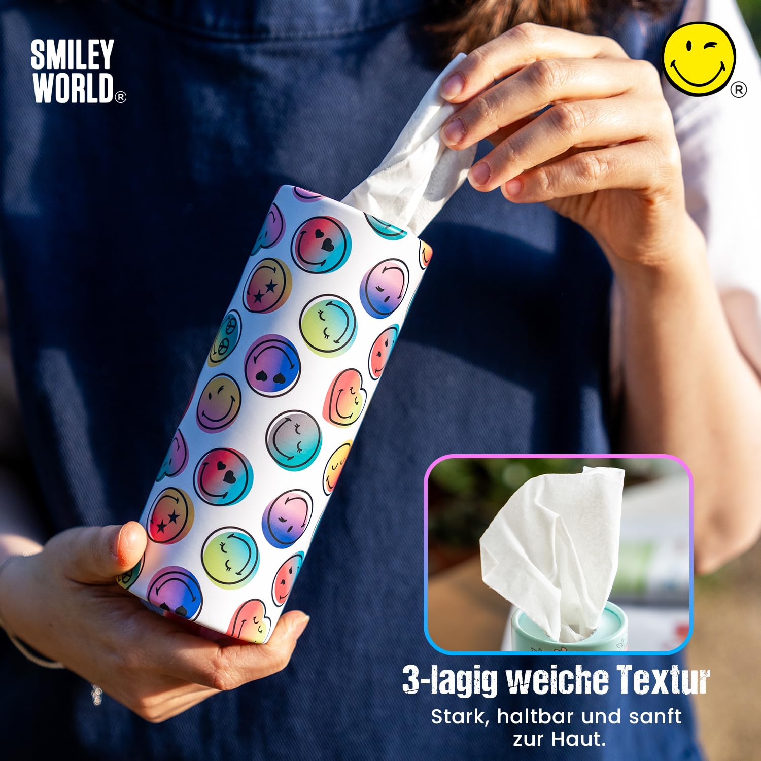 SmileyWorld - Chusteczki cylindryczne - 100% bambus - 3 warstwy - Design Smiley World - Kompaktowy rozmiar do samochodu, domu, plecaka, fotelika dziecięcego, szkolnego – 12 cylindrów